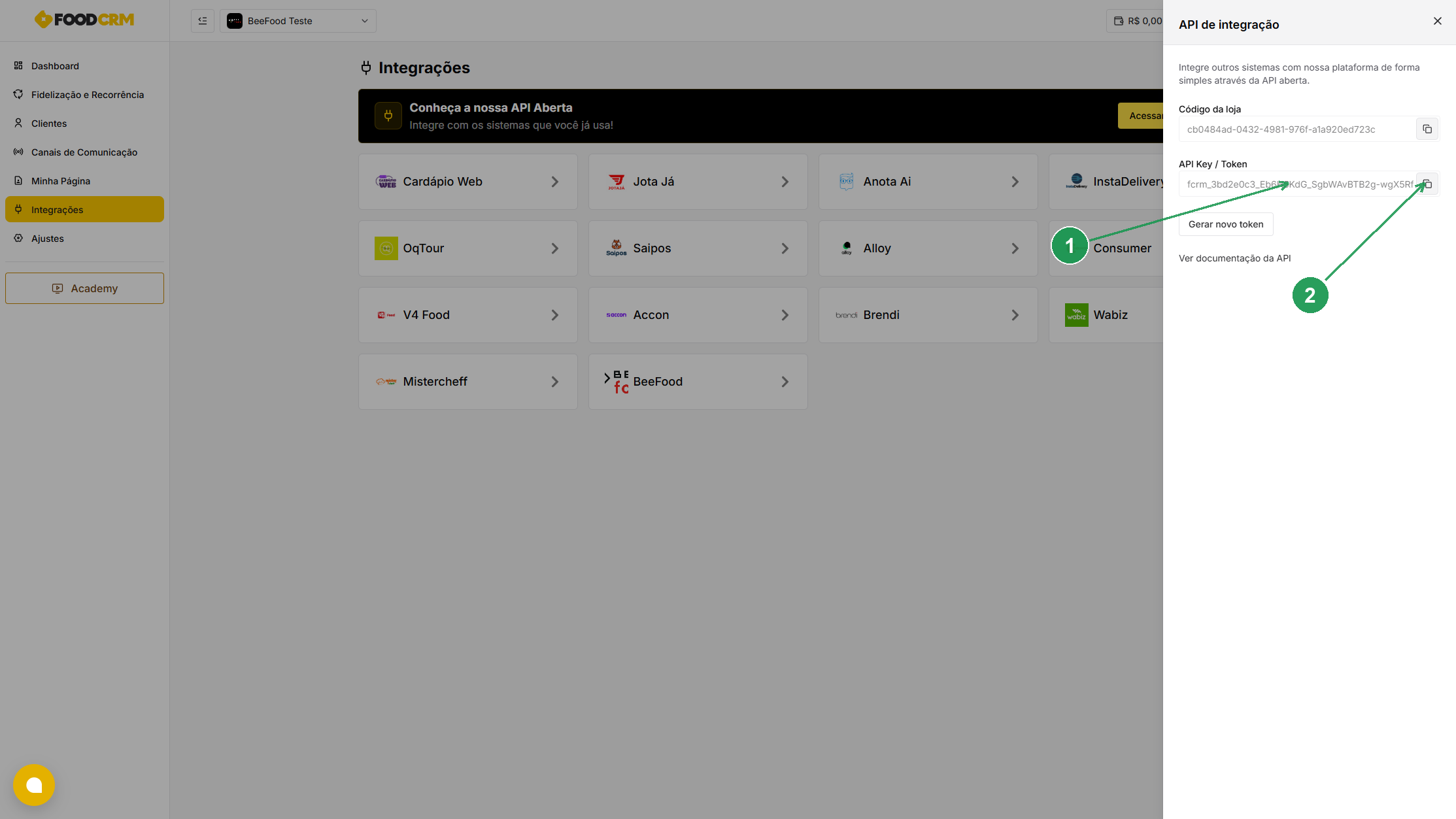 Painel API de integração do FoodCRM mostrando o campo API Key ou Token e o botão Copiar