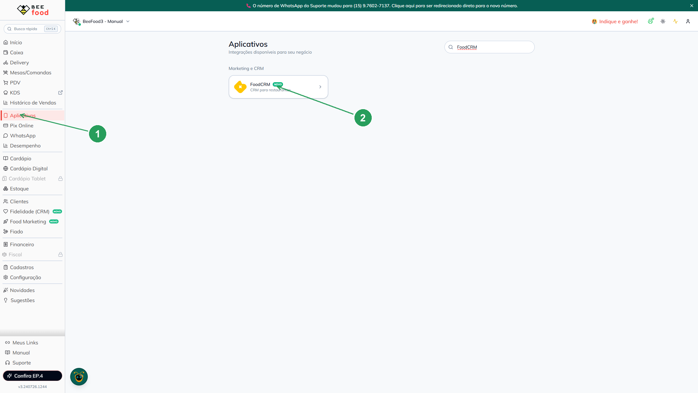 Tela do BeeFood em Aplicativos com a seção Marketing e CRM e o card FoodCRM destacados