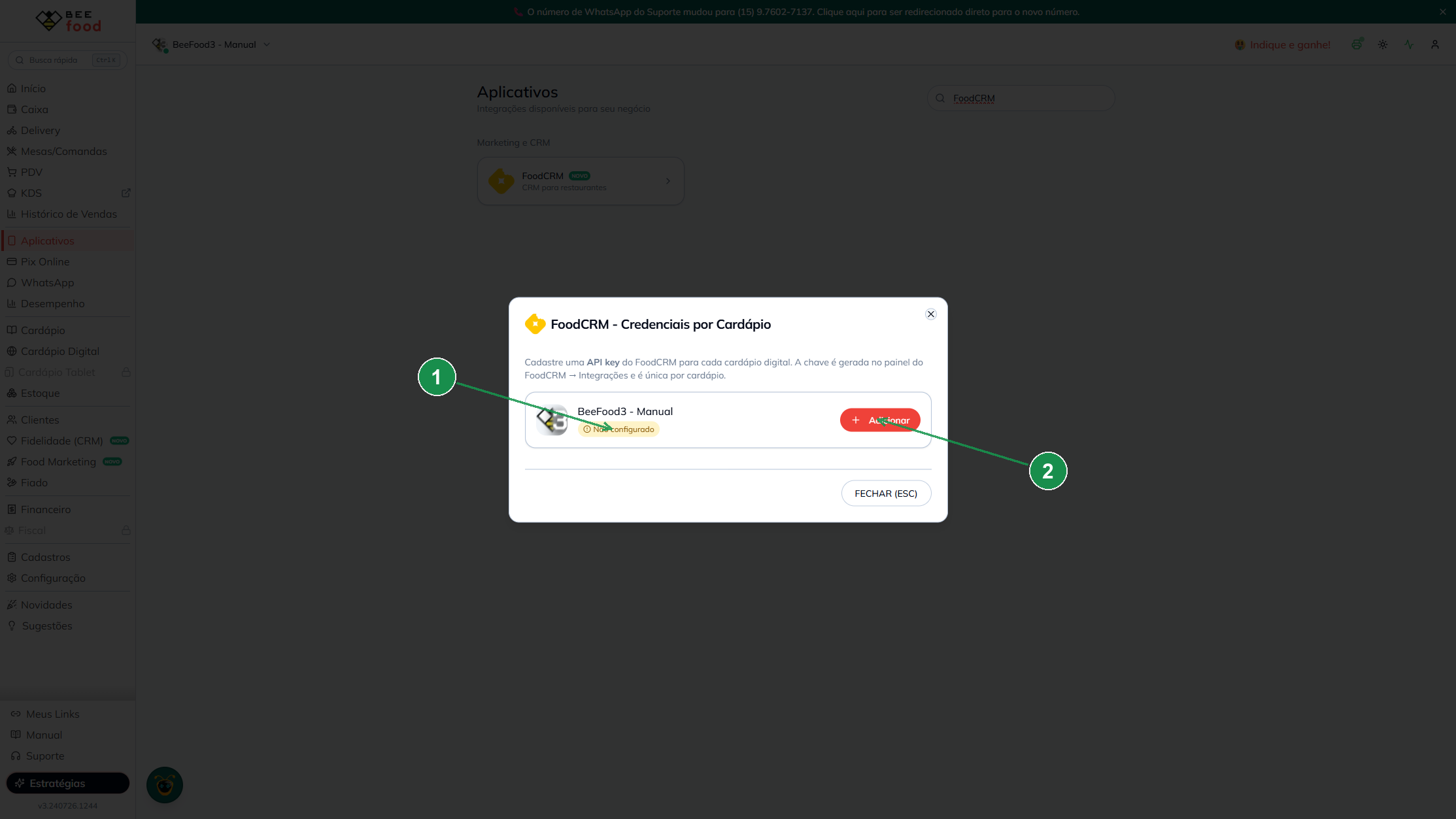 Janela do BeeFood com a lista de cardápios digitais e o botão Adicionar para configurar credenciais do FoodCRM