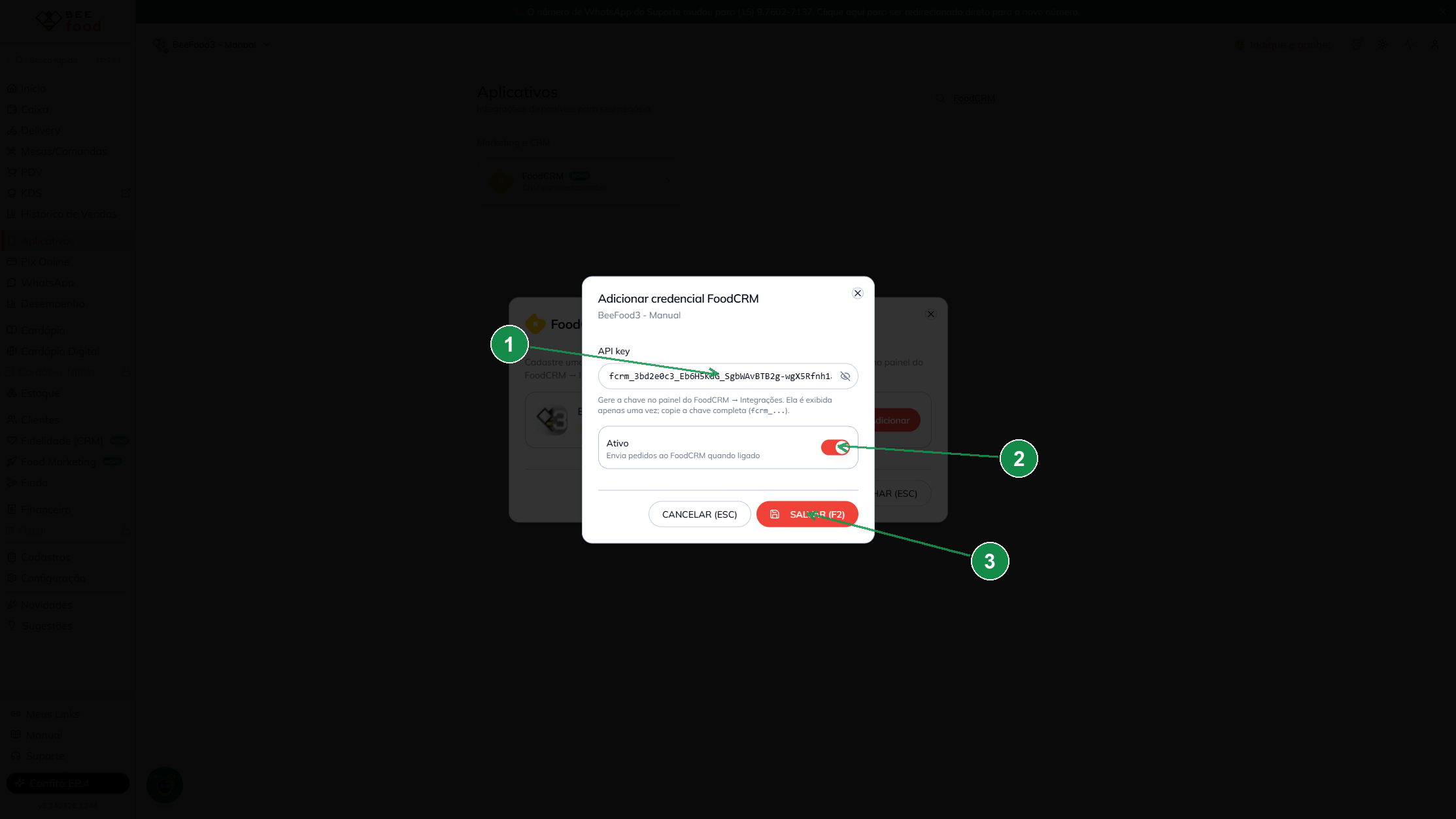 Formulário do BeeFood para cadastrar a API key do FoodCRM com o campo de chave, o botão Ativo e a ação Salvar