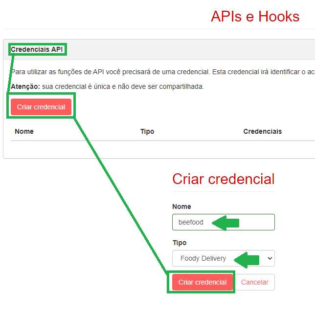 Tela para criar uma credencial API na Foody Delivery