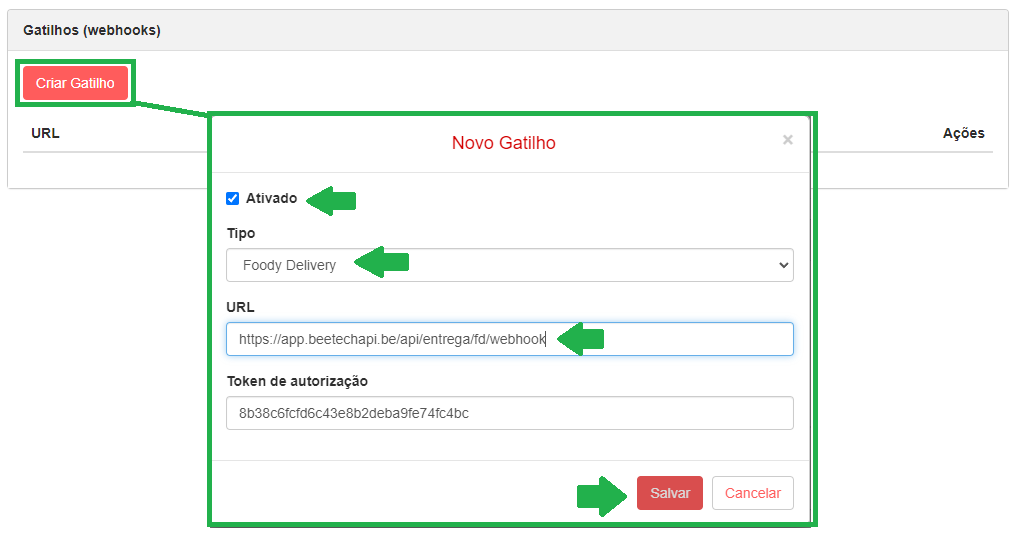 Tela para criar um gatilho webhook na Foody Delivery