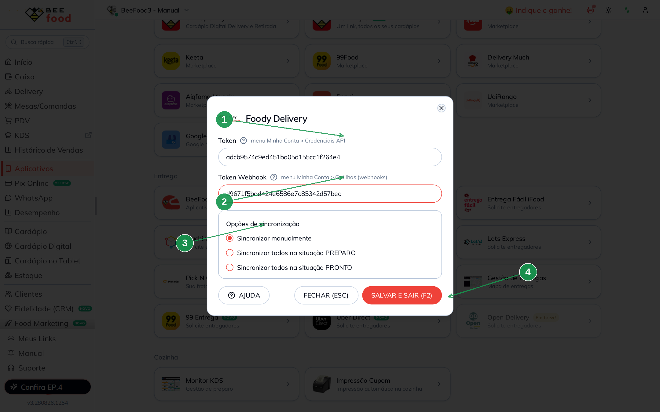 Modal de configuração da Foody Delivery no BeeFood