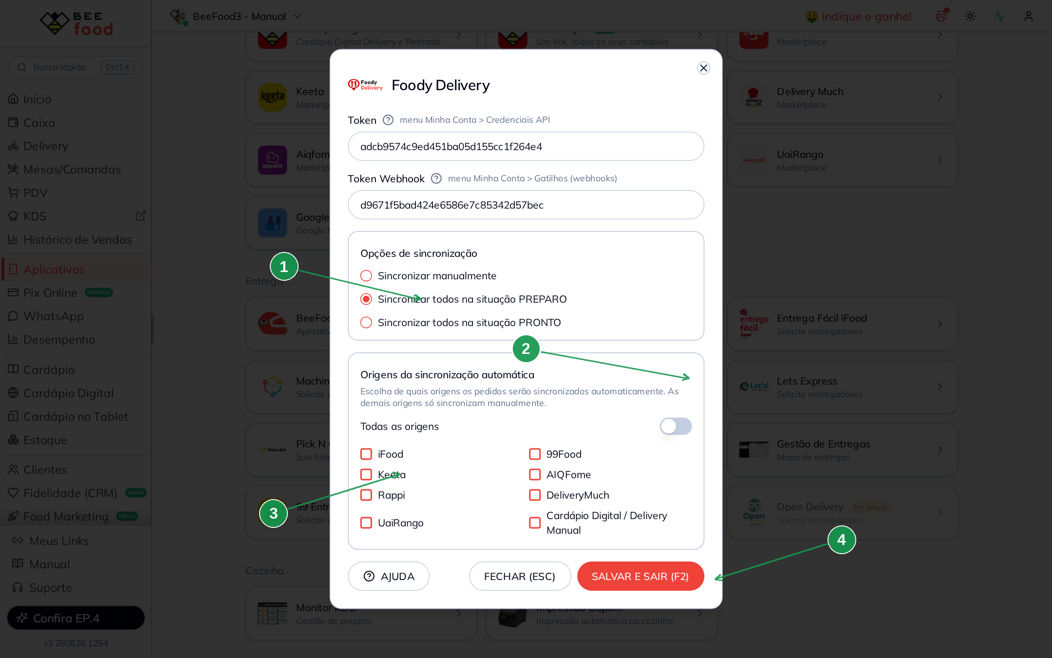 Bloco de origens da sincronização automática no modal Foody Delivery