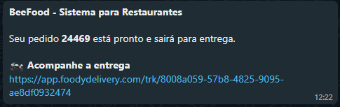 Mensagem de WhatsApp com link de acompanhamento da entrega
