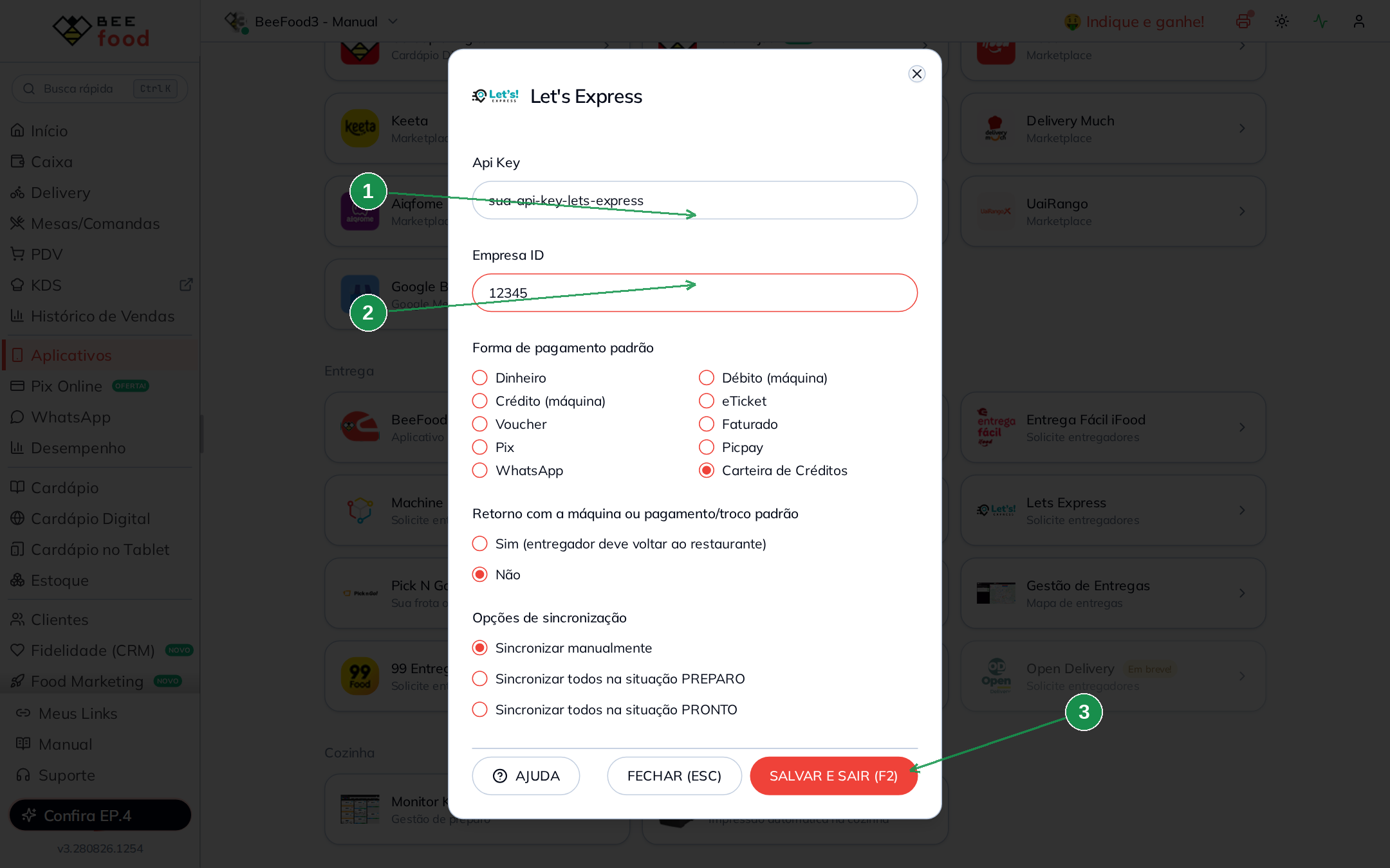Modal de configuração da Let's Express com os campos de credenciais
