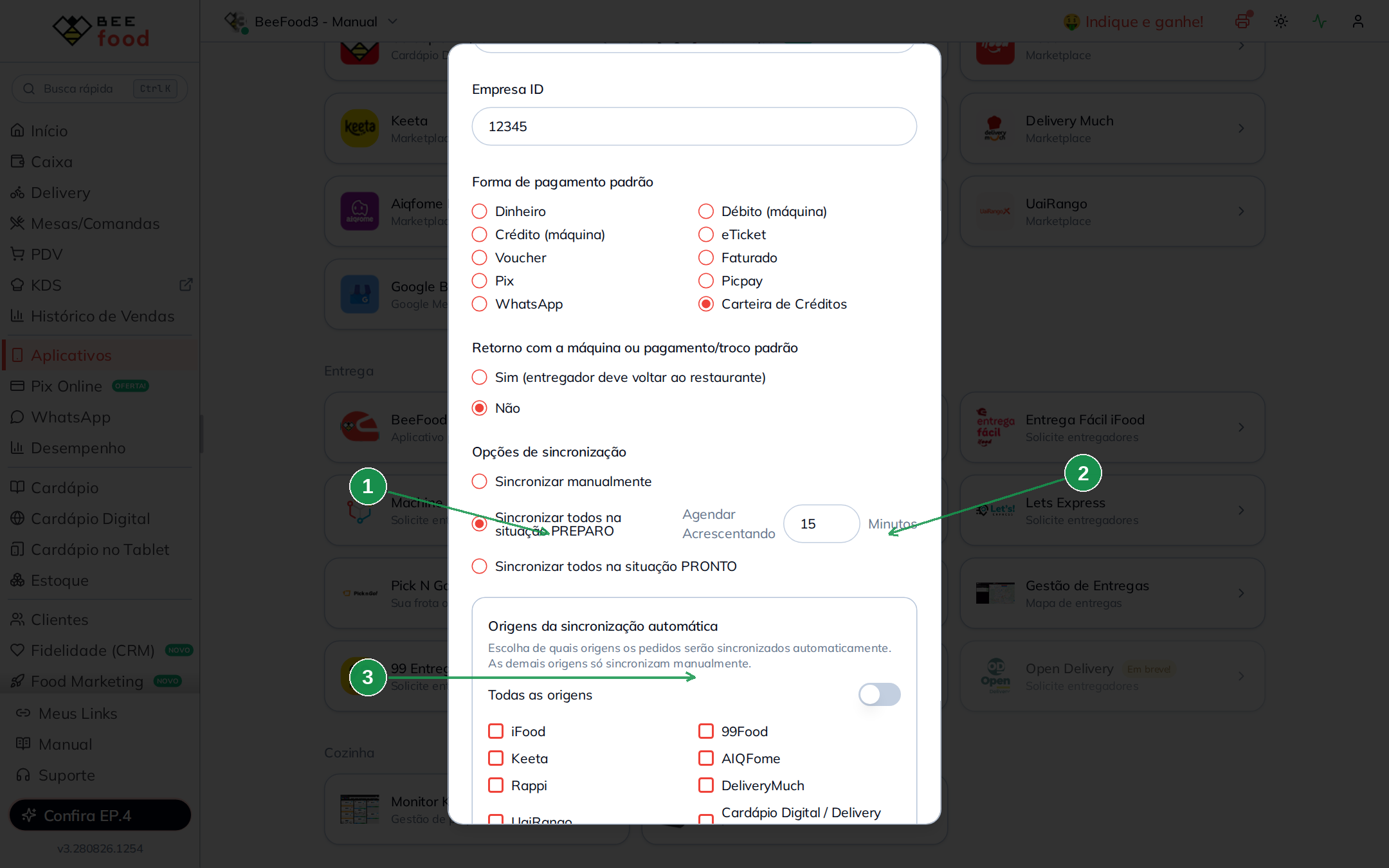 Modal de sincronização automática da Let's Express com as opções de preparo e origens