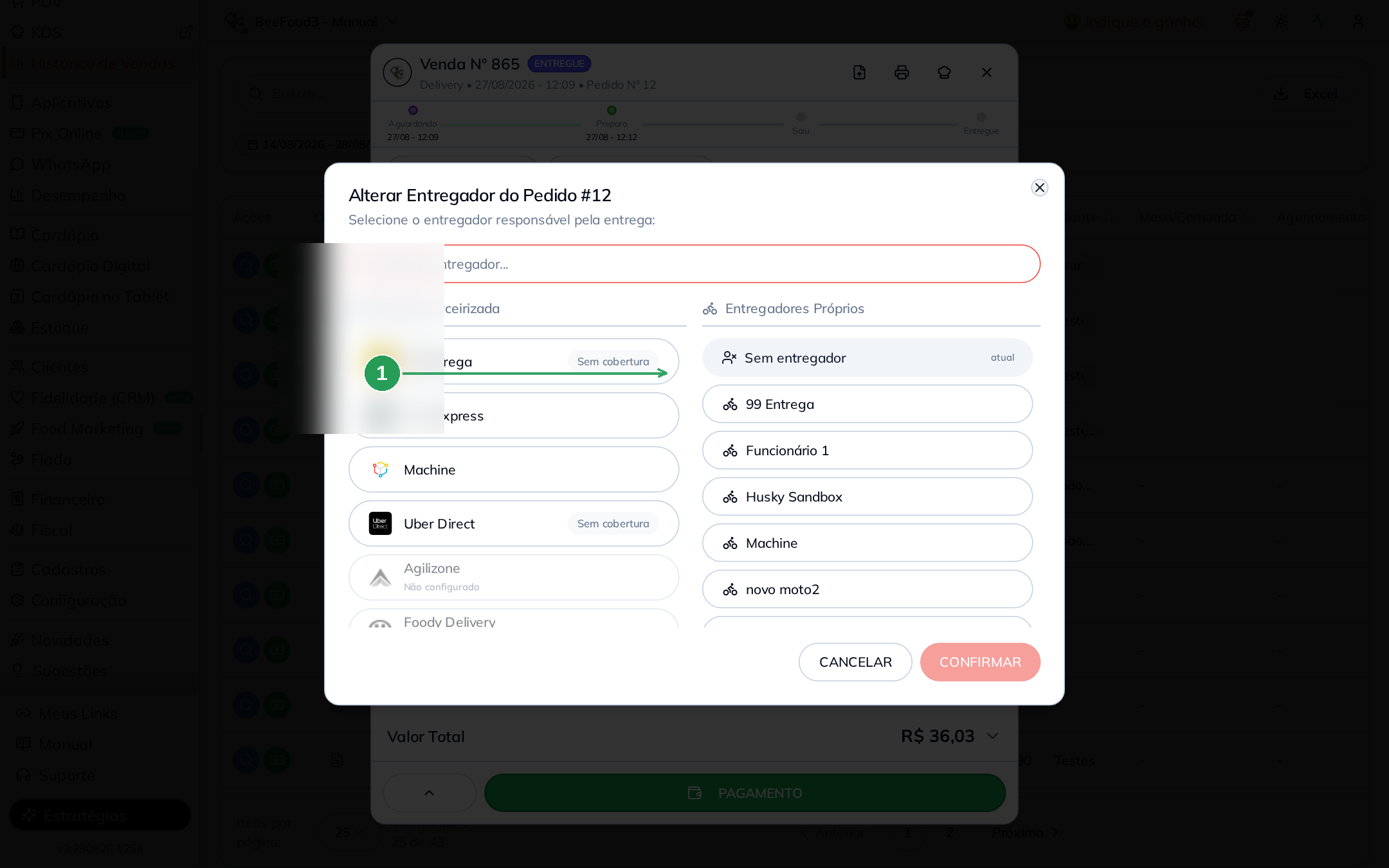 Modal de seleção de entrega terceirizada com Lets Express destacado