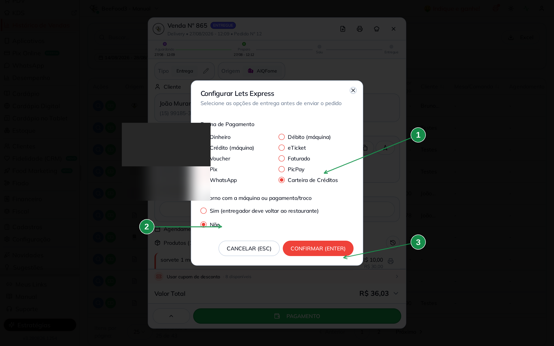 Modal Configurar Lets Express com forma de pagamento, retorno e confirmação