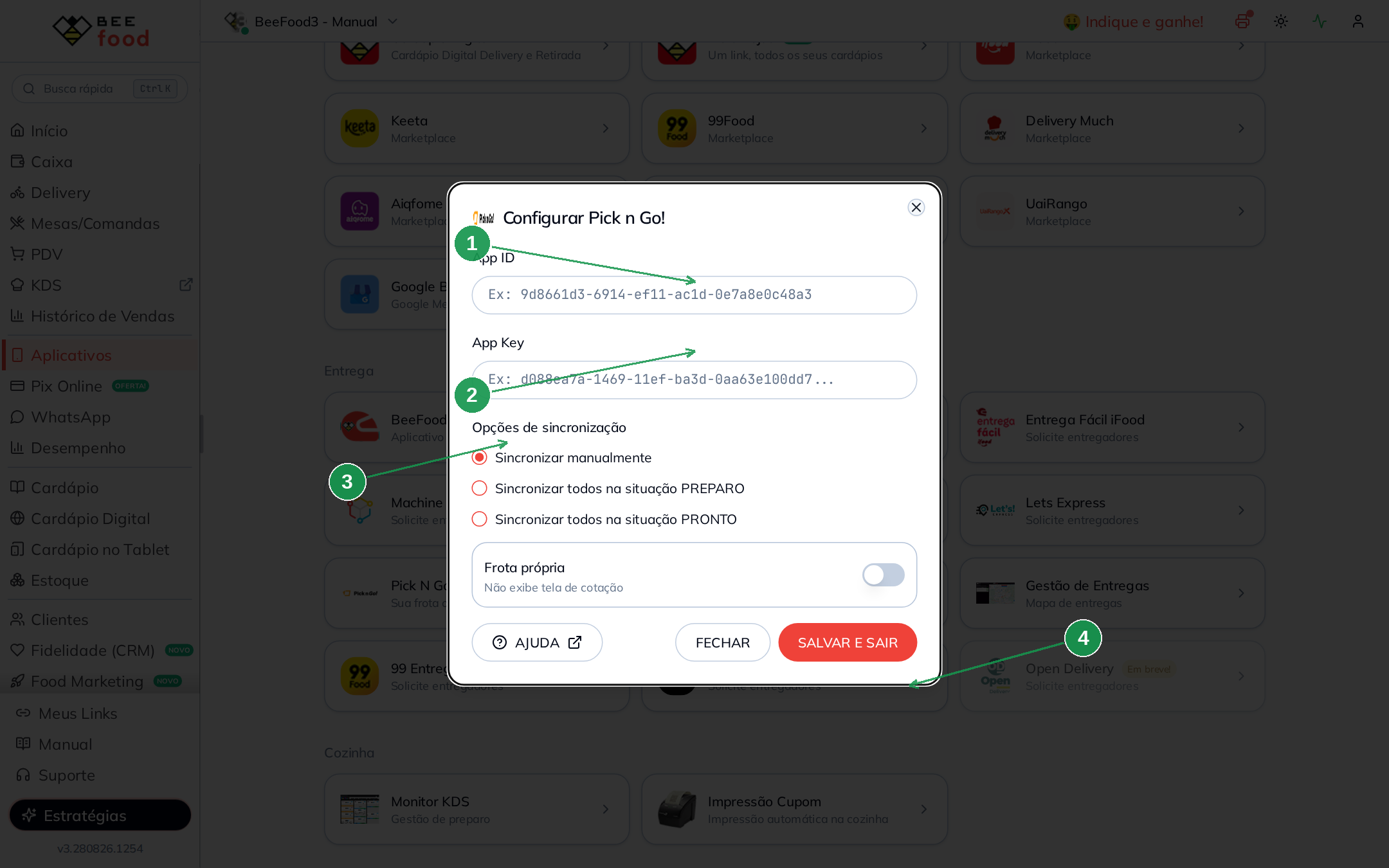 Modal Configurar Pick n Go com os campos de credenciais e opções de sincronização