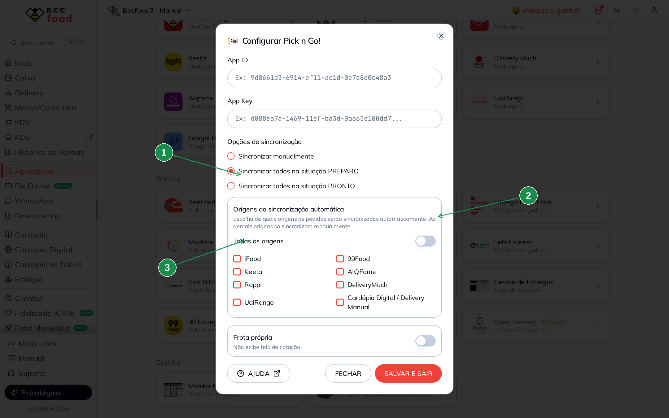 Modal de origens da sincronização automática da integração Pick n Go