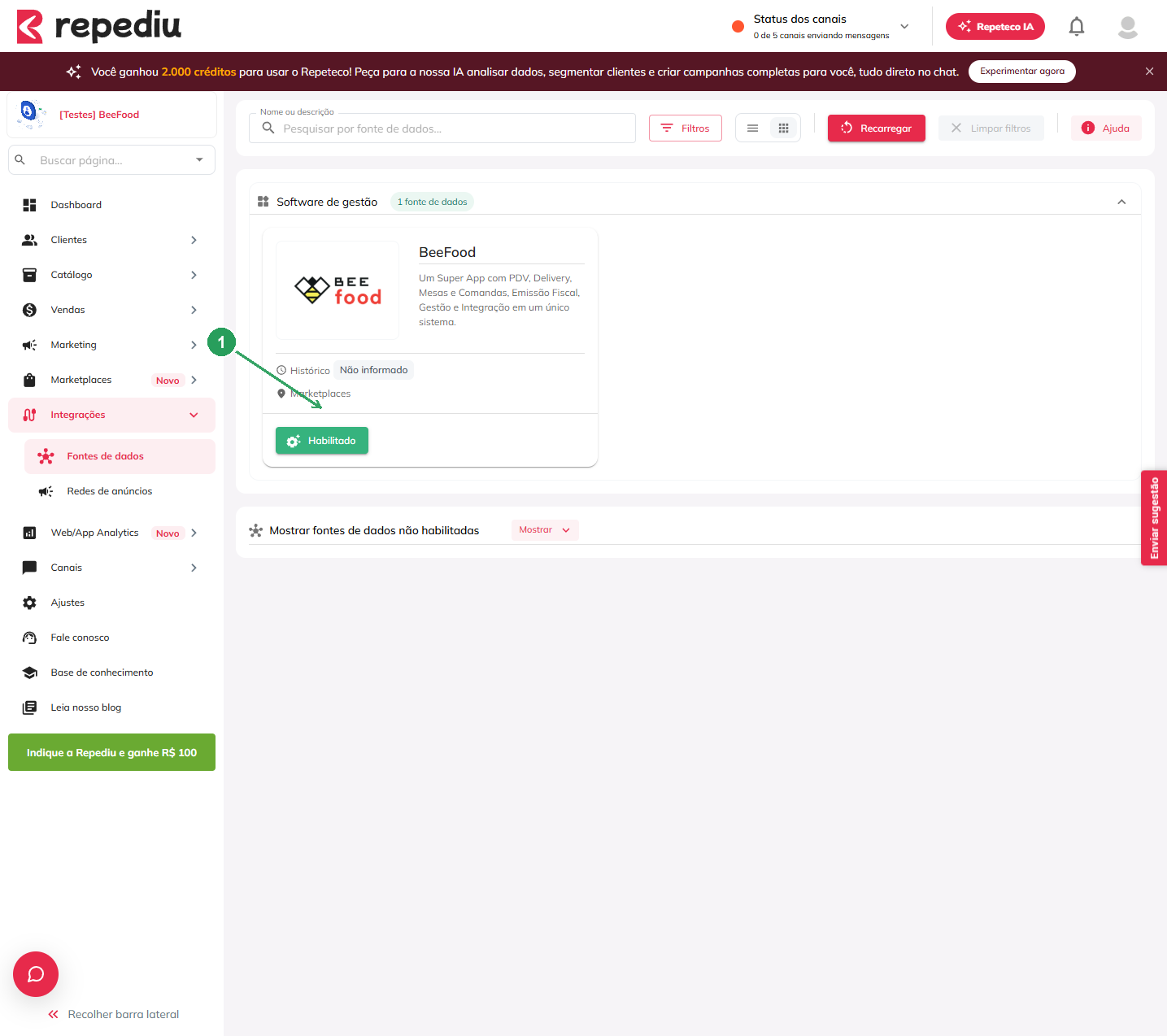 Tela do Repediu em Integrações com o card BeeFood e o botão Habilitado destacado