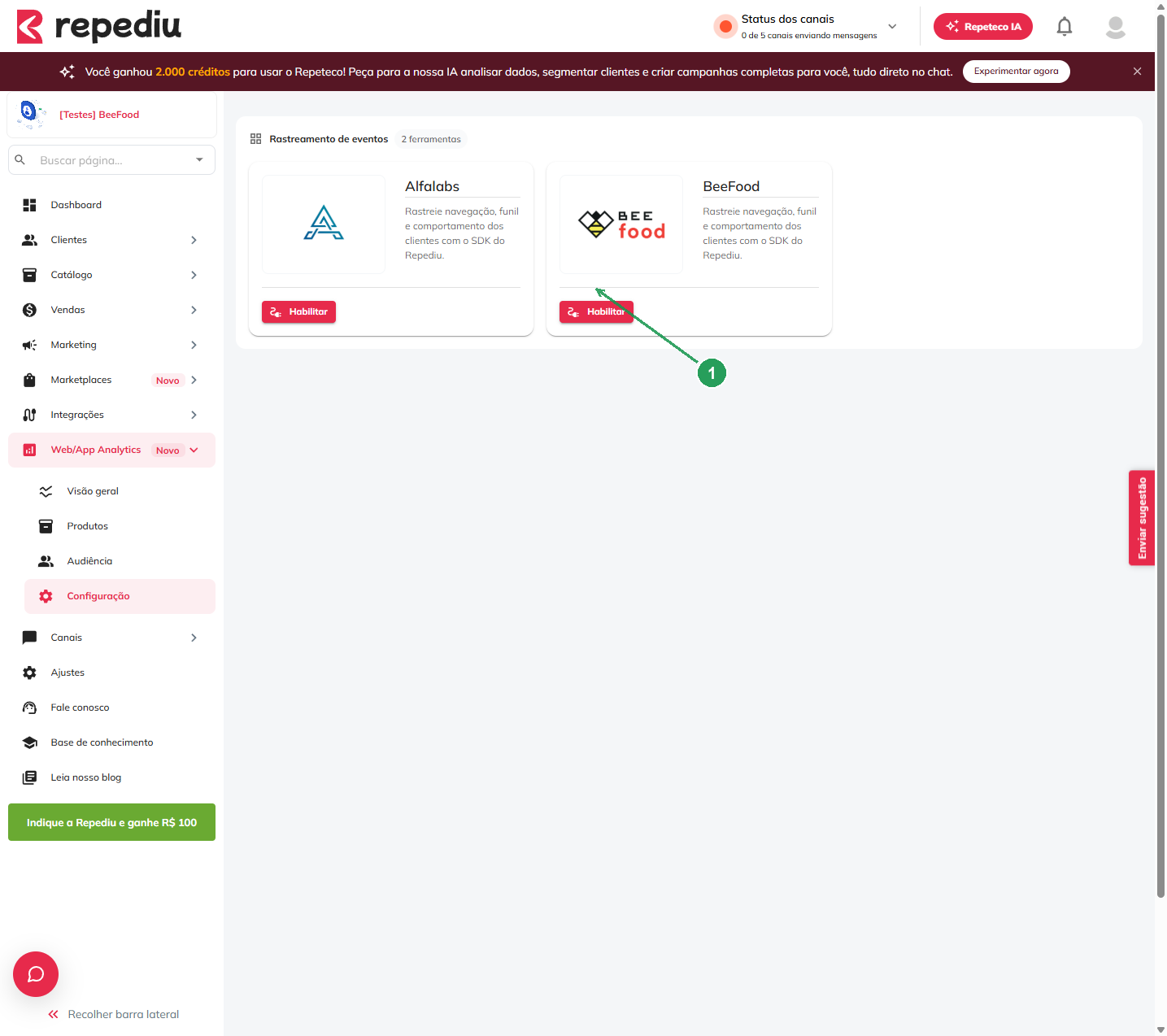 Tela Web App Analytics do Repediu com o card BeeFood e o botão Habilitar destacado
