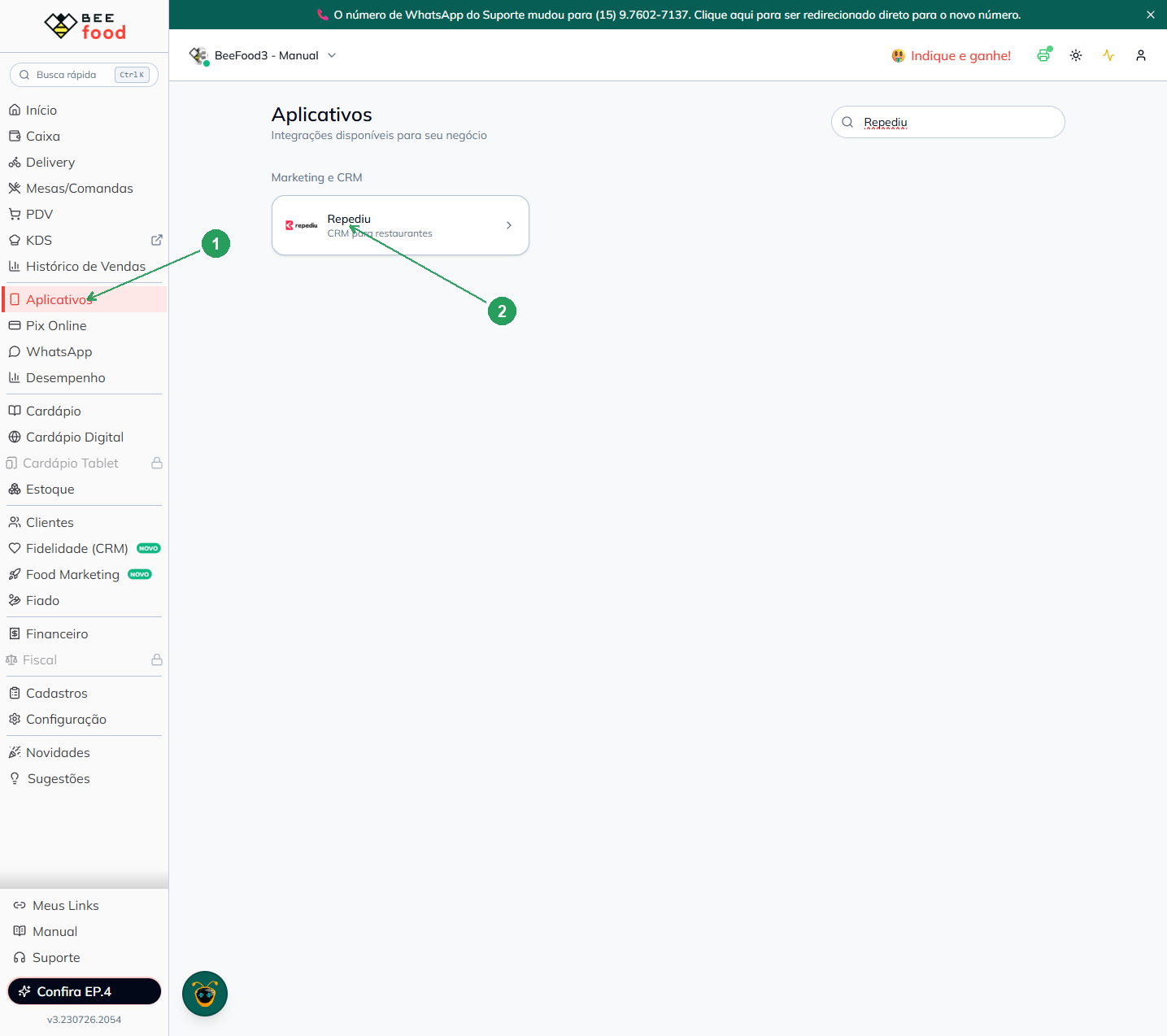 Tela do BeeFood com o menu Aplicativos e o card Repediu destacados