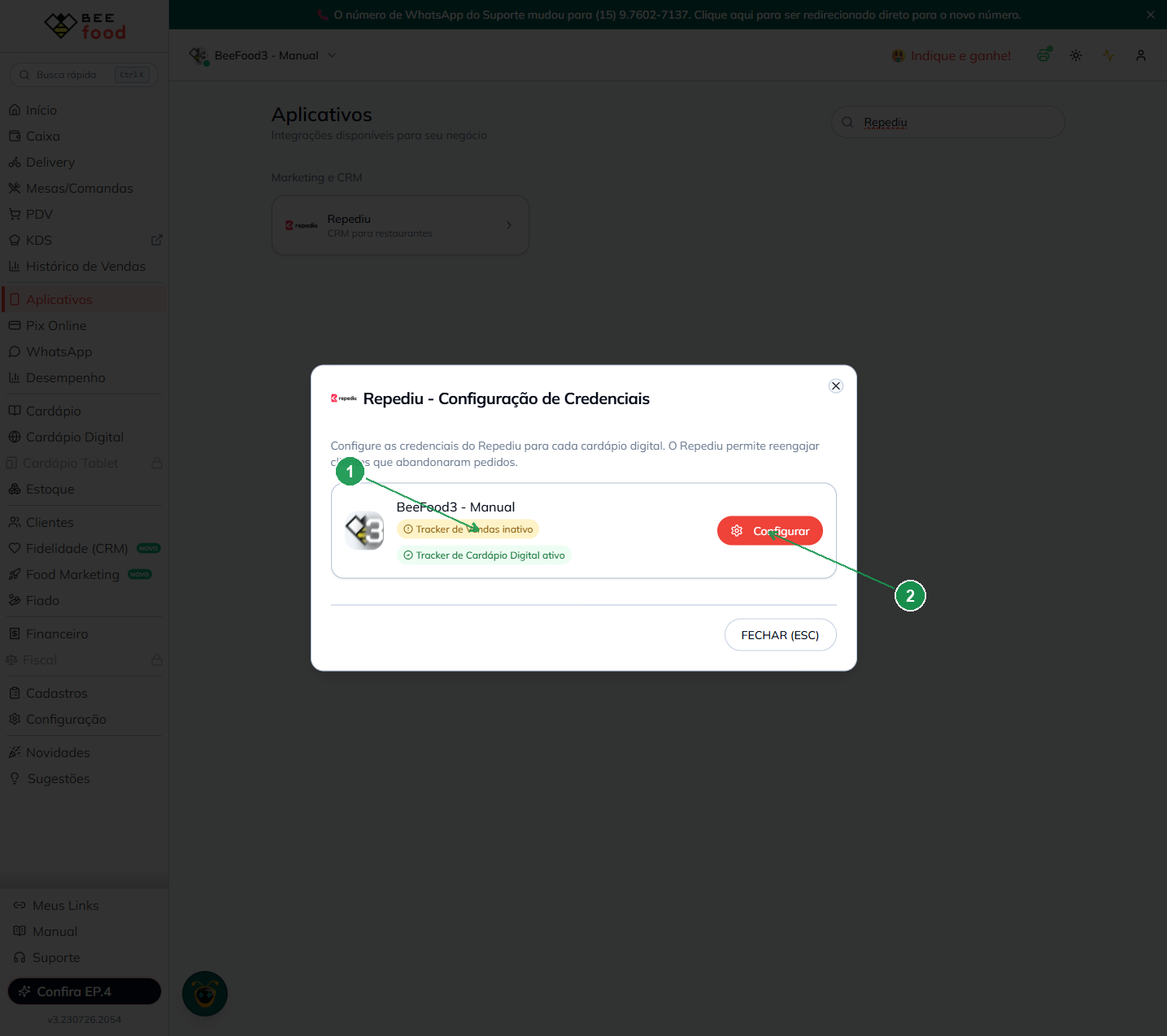 Janela do BeeFood com status da integração e botão Configurar