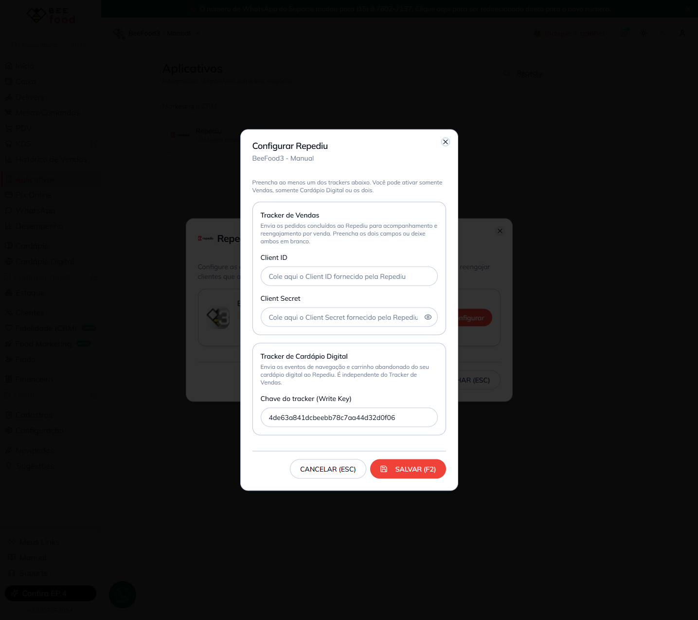 Formulário de configuração do Repediu no BeeFood com os campos dos dois trackers