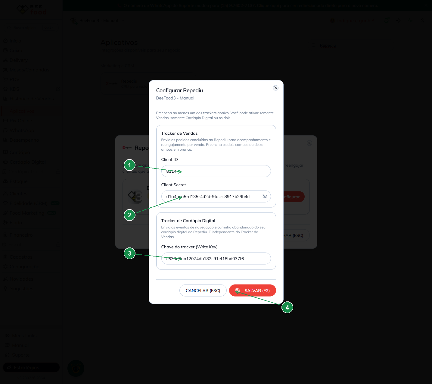 Formulário do BeeFood preenchido com Client ID, Client Secret, Write Key e botão Salvar