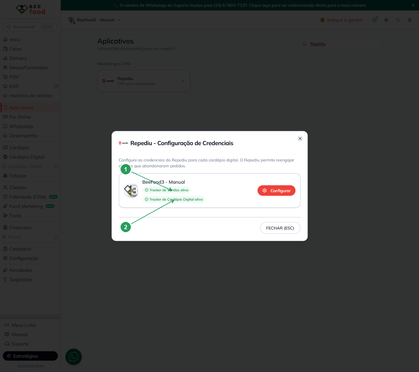 Janela do BeeFood mostrando Tracker de Vendas ativo e Tracker de Cardápio Digital ativo