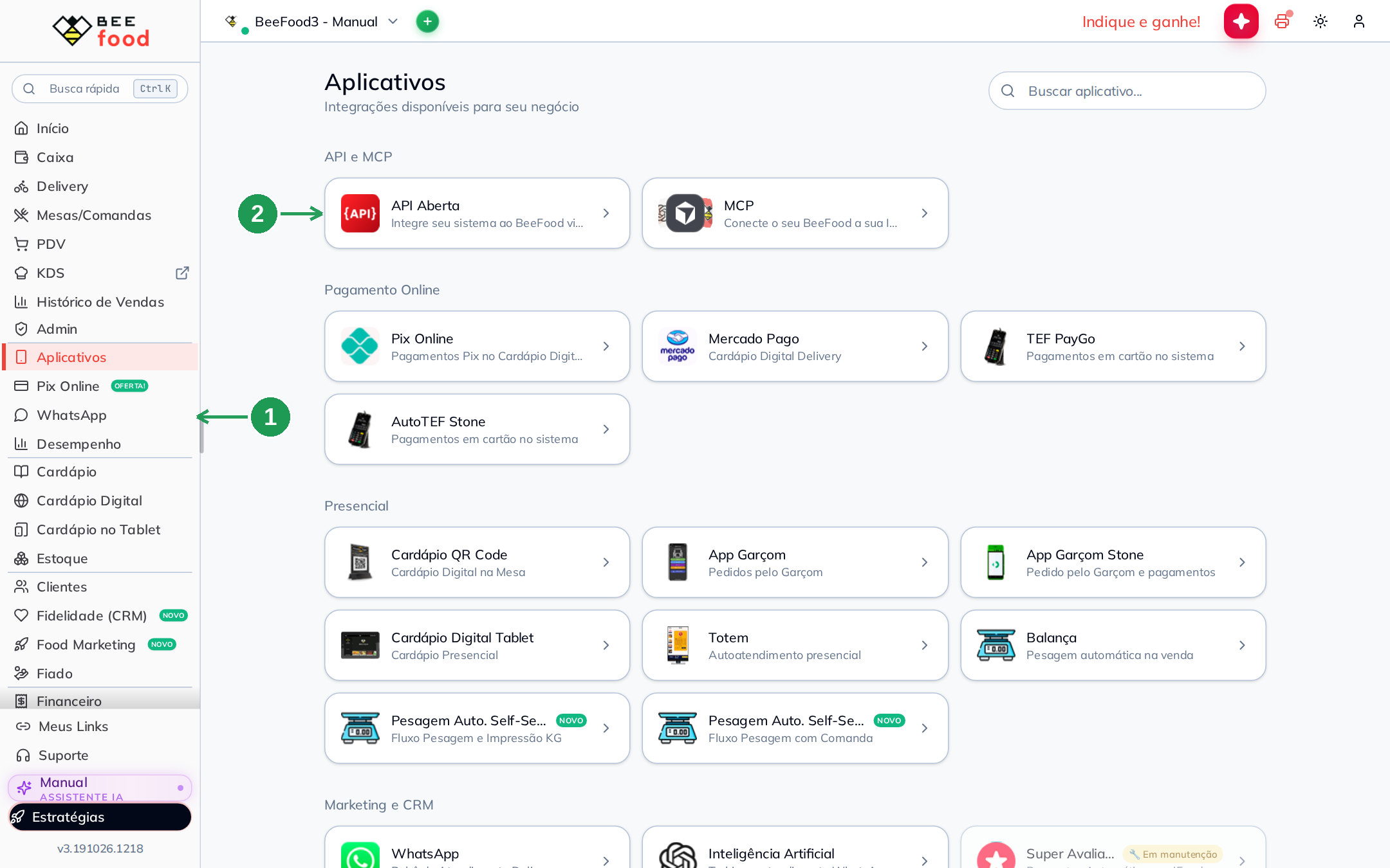 Menu Aplicativos e card API Aberta no BeeFood