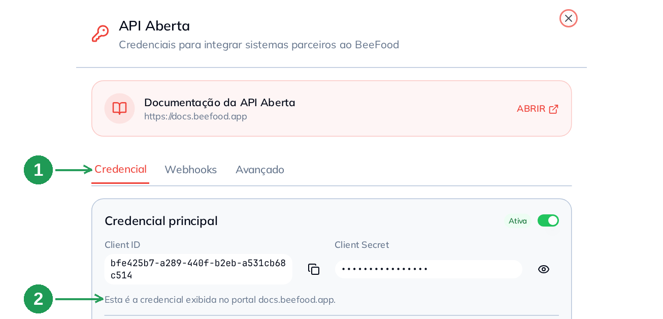 Painel da API Aberta com a credencial principal