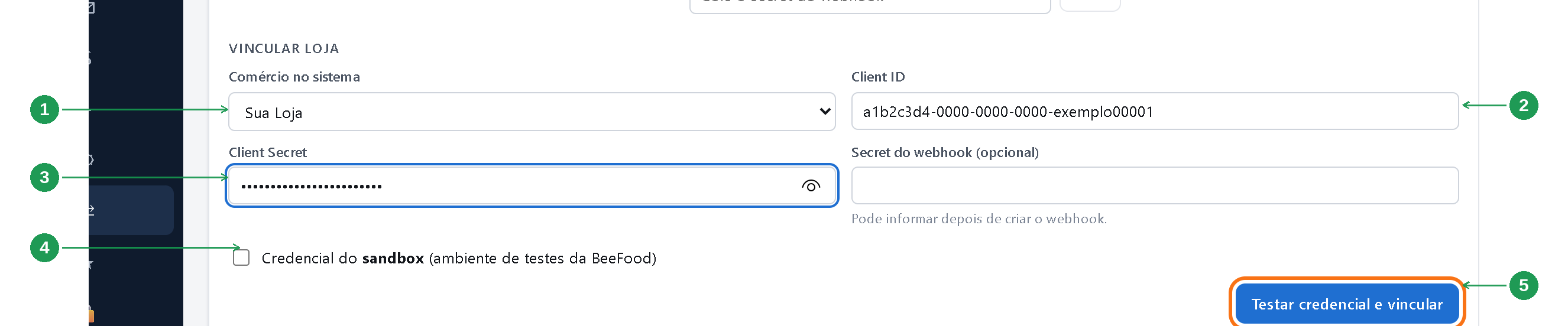 Formulário para vincular uma loja BeeFood no Route Delivery