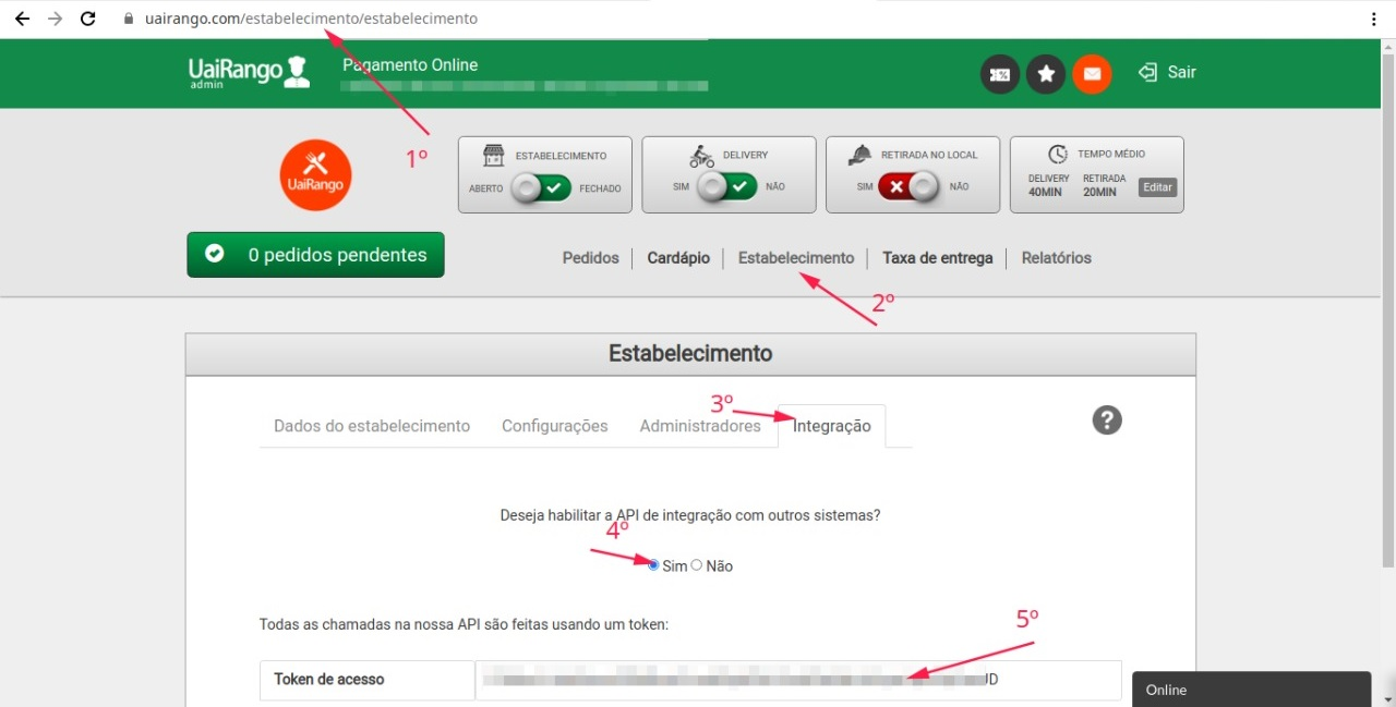 Painel do Uai Rango com as opções para habilitar a API de integração e copiar o token de acesso
