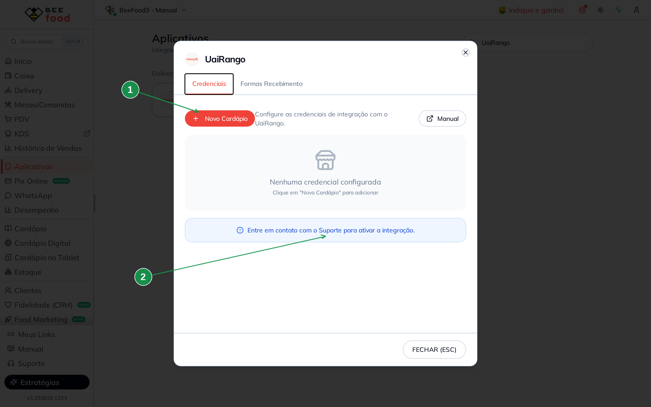 Modal de credenciais do UaiRango no BeeFood com o botão Novo Cardápio