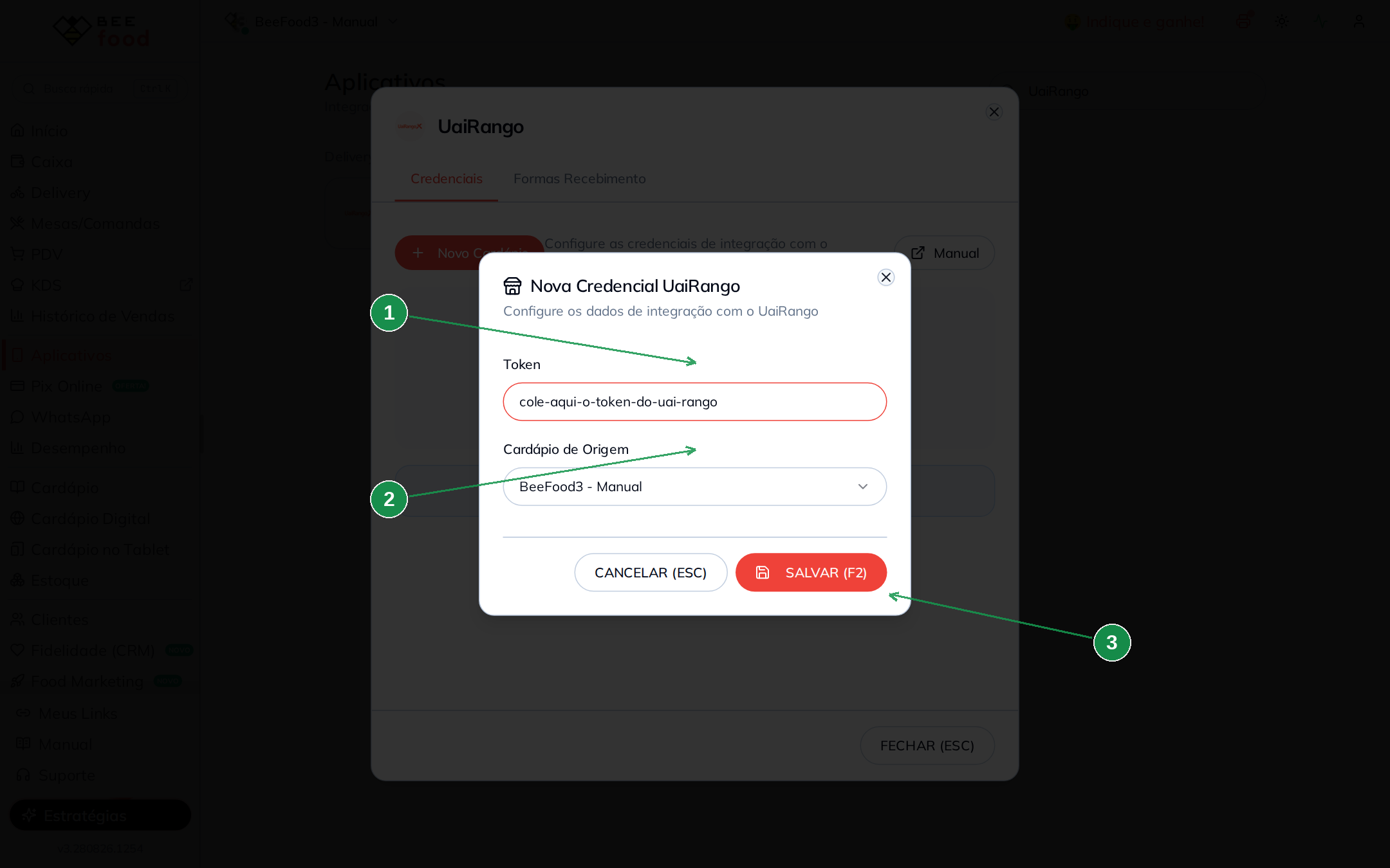 Janela Nova Credencial UaiRango no BeeFood com os campos Token e Cardápio de Origem