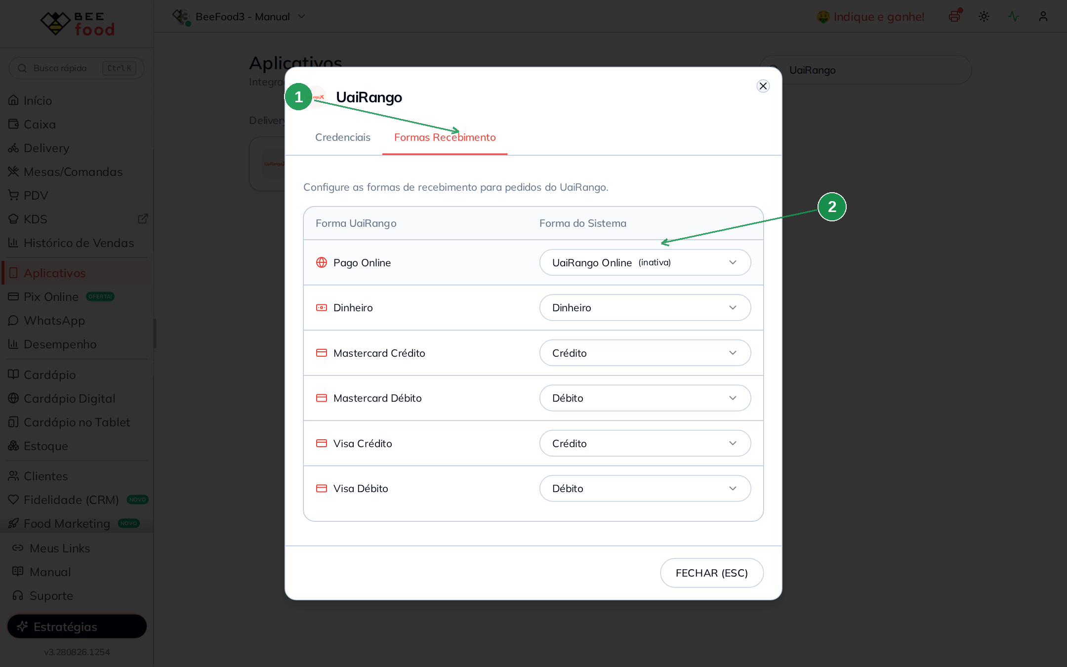 Aba Formas Recebimento do modal UaiRango no BeeFood com os vínculos entre as formas de pagamento