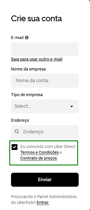 Uber Direct — aceitar termos e condições