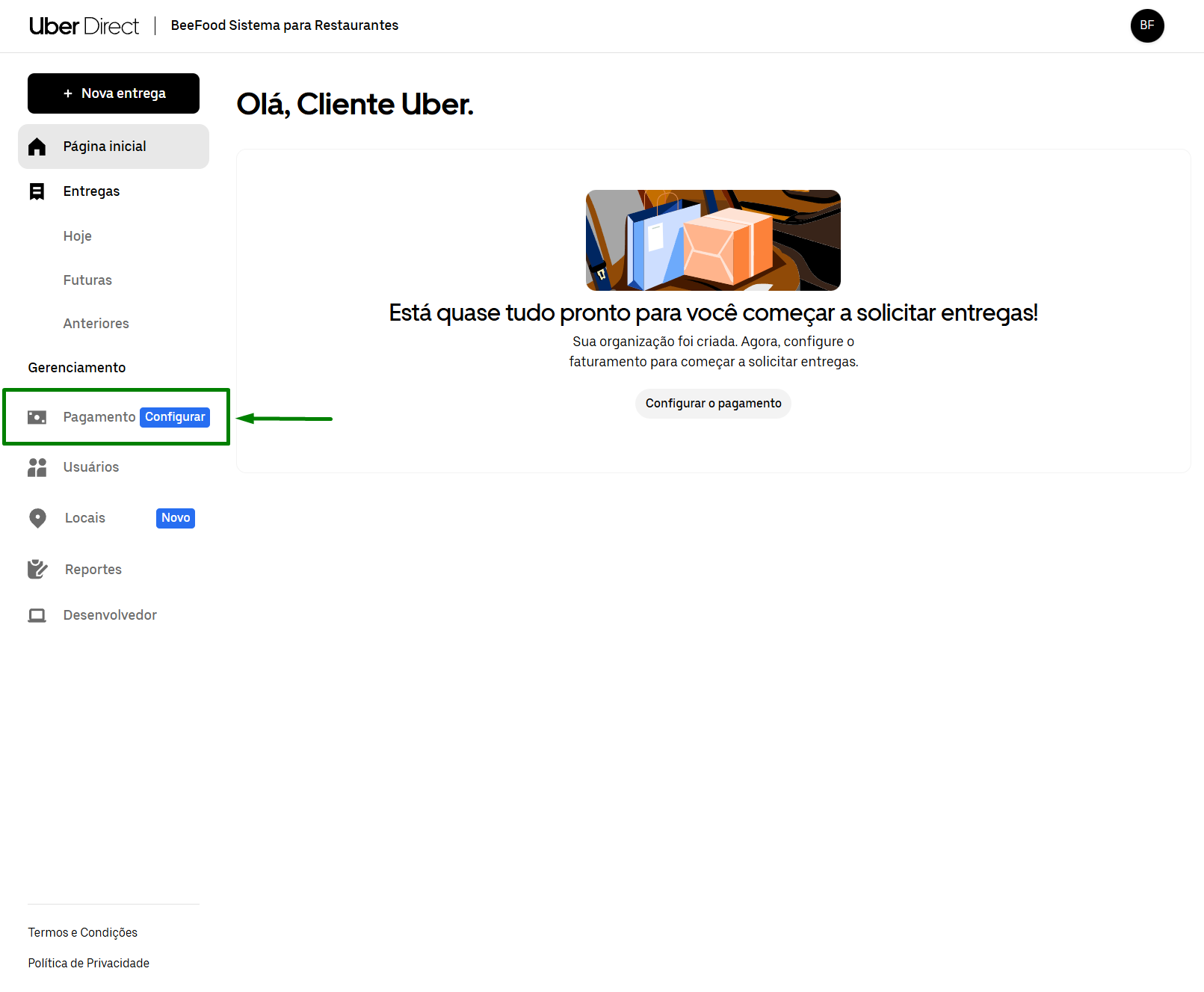 Uber Direct — Gerenciamento → Pagamento