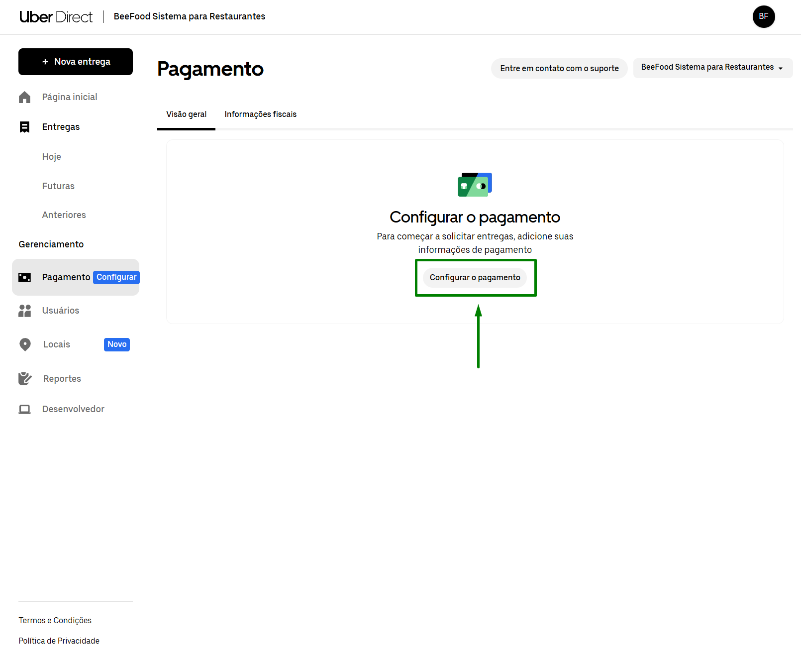 Uber Direct — configurar pagamento