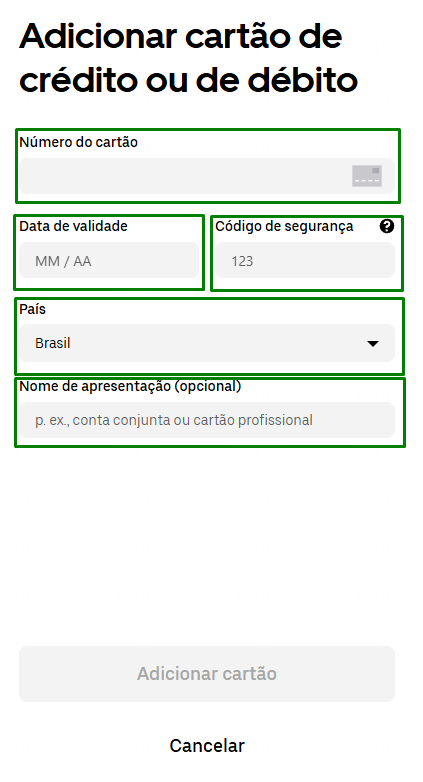Uber Direct — preencher dados do cartão