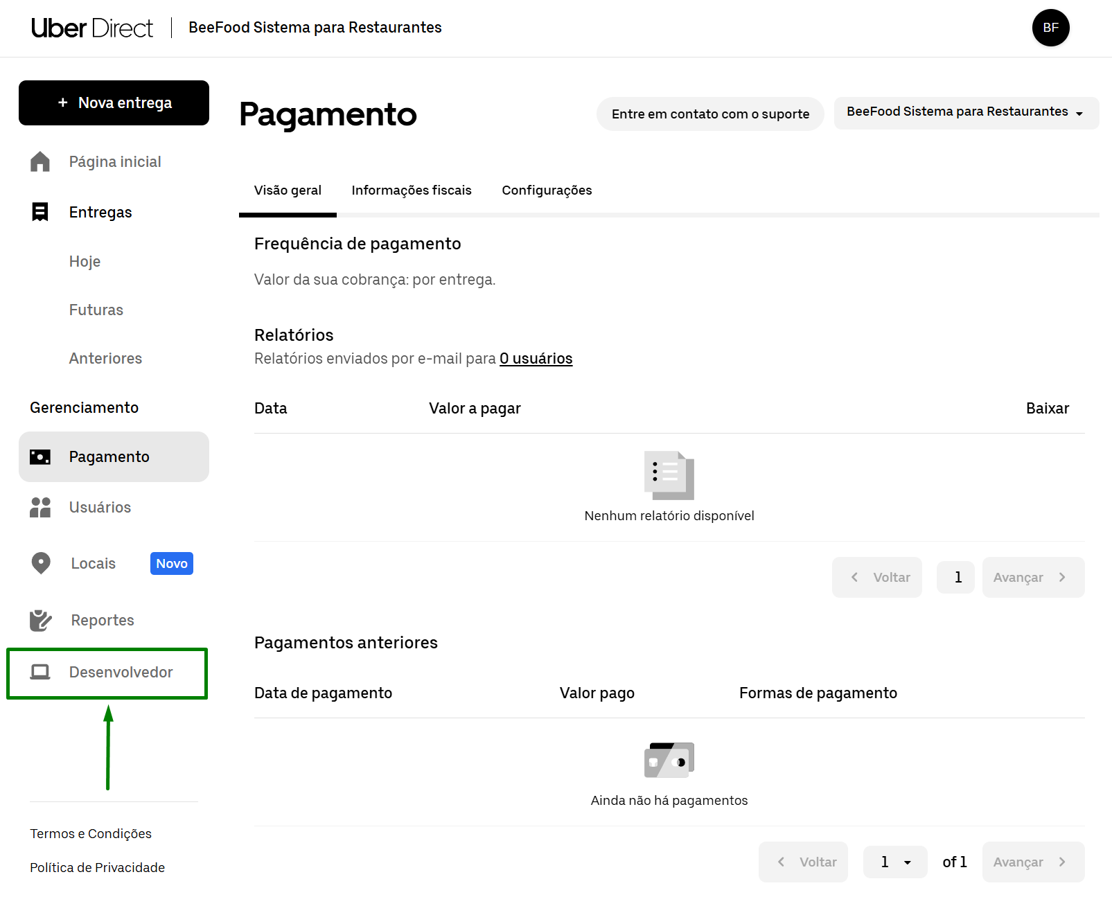 Uber Direct — menu Desenvolvedor