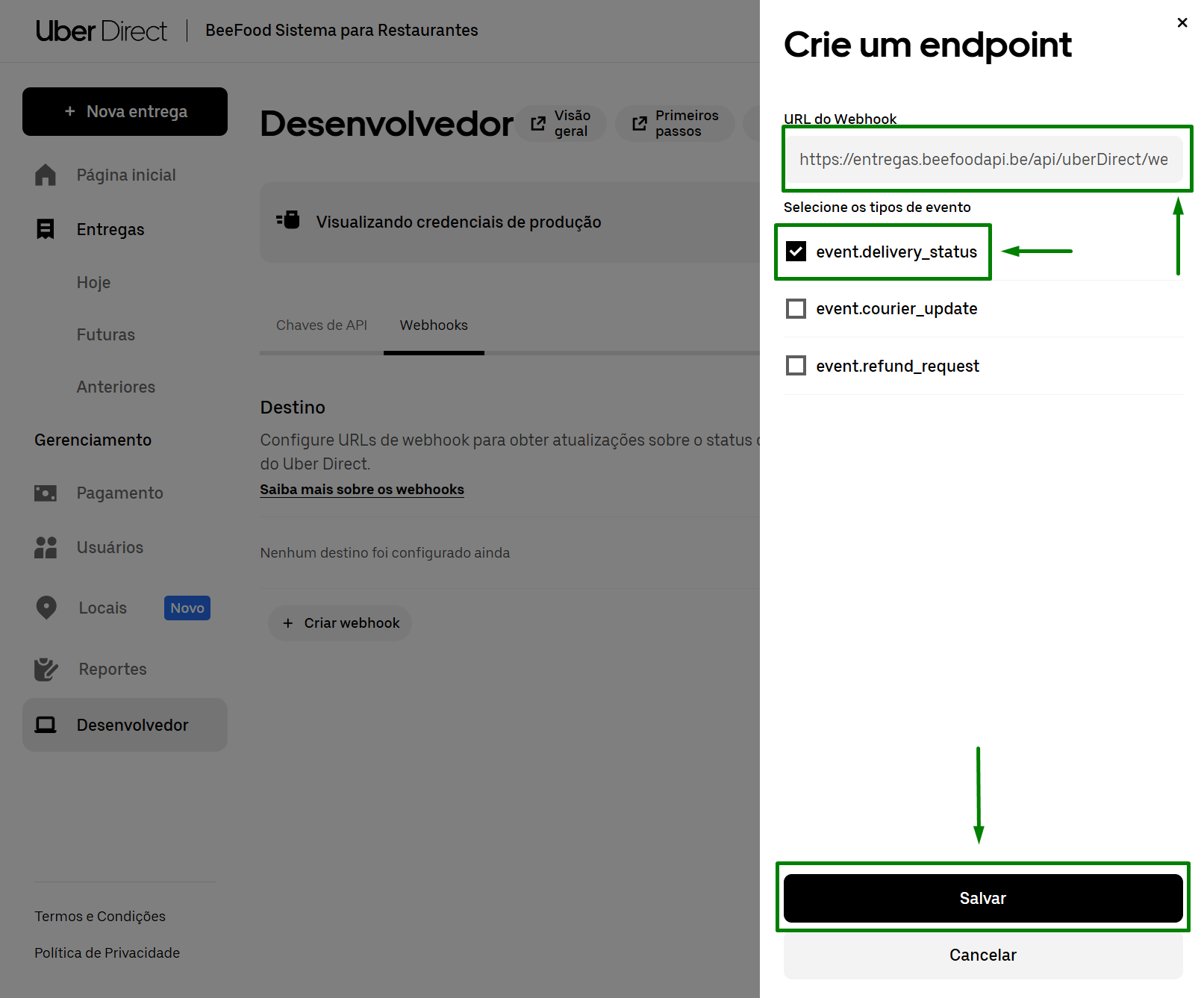 Uber Direct — configurar URL e evento do webhook
