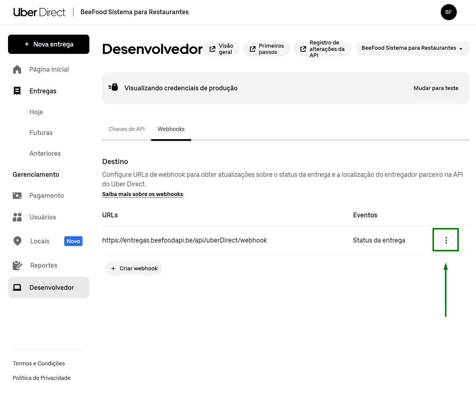 Uber Direct — menu do webhook