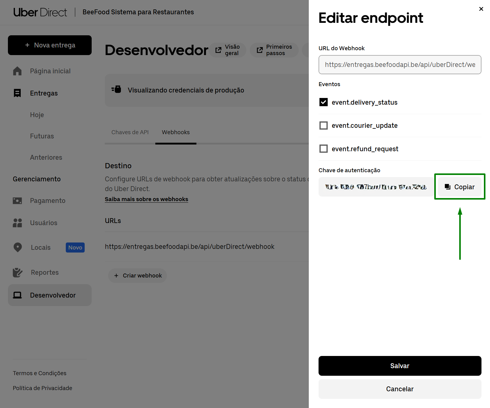 Uber Direct — copiar chave de assinatura