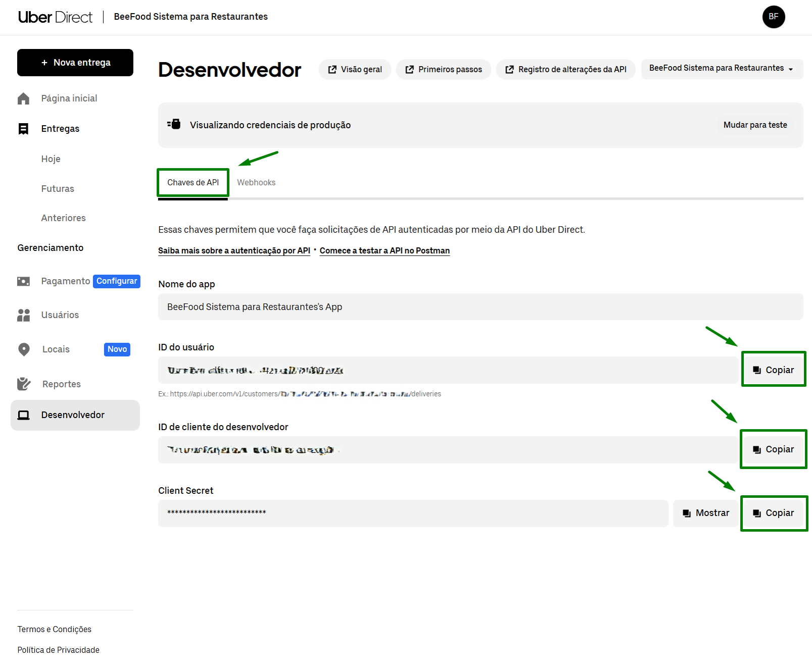 Uber Direct — chaves de API