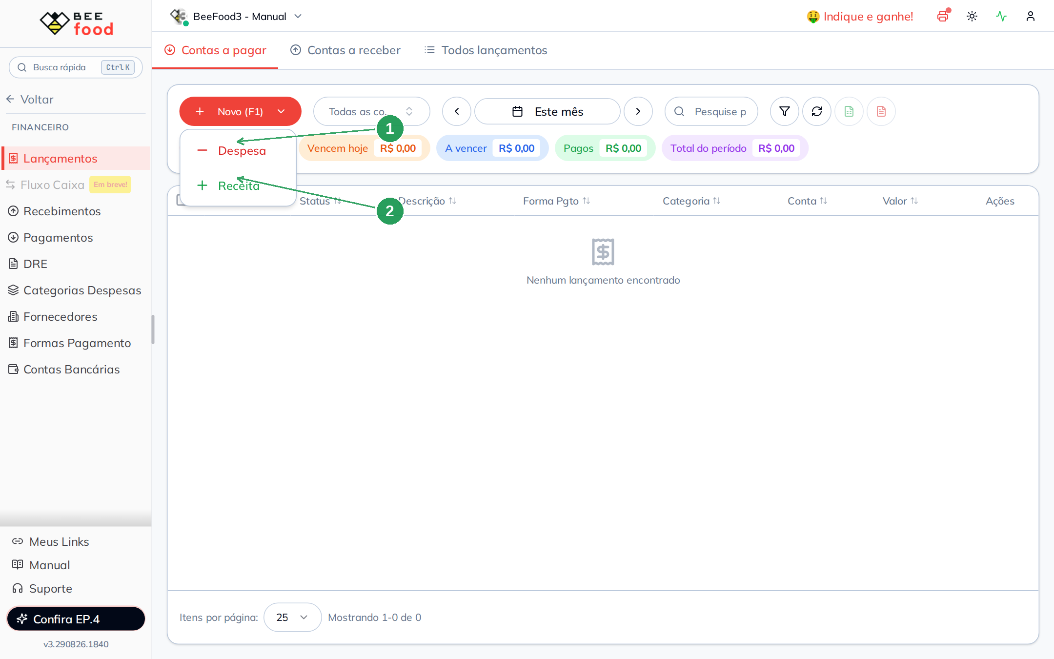 Dropdown com as opções Despesa e Receita