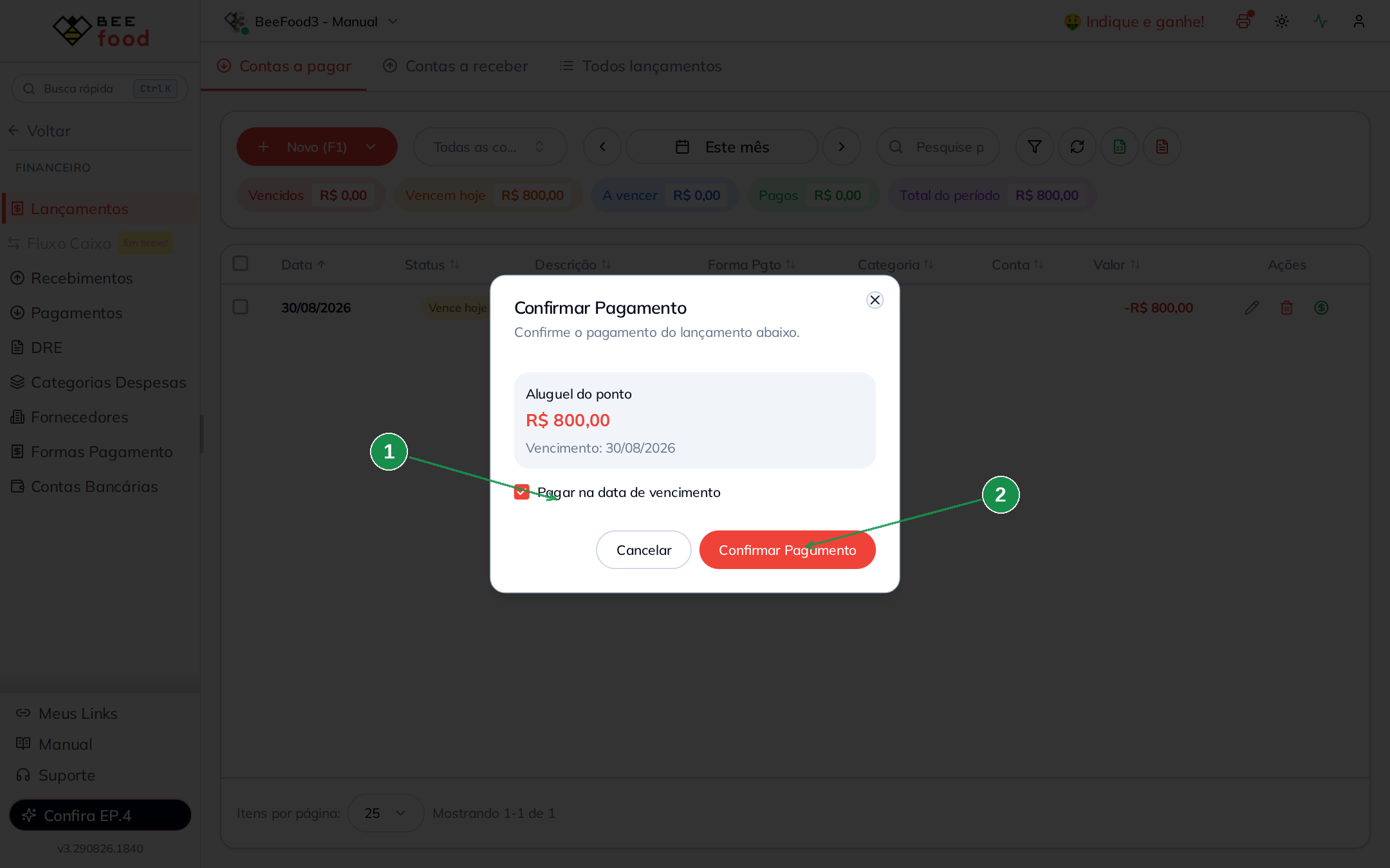 Modal de confirmação de pagamento do aluguel