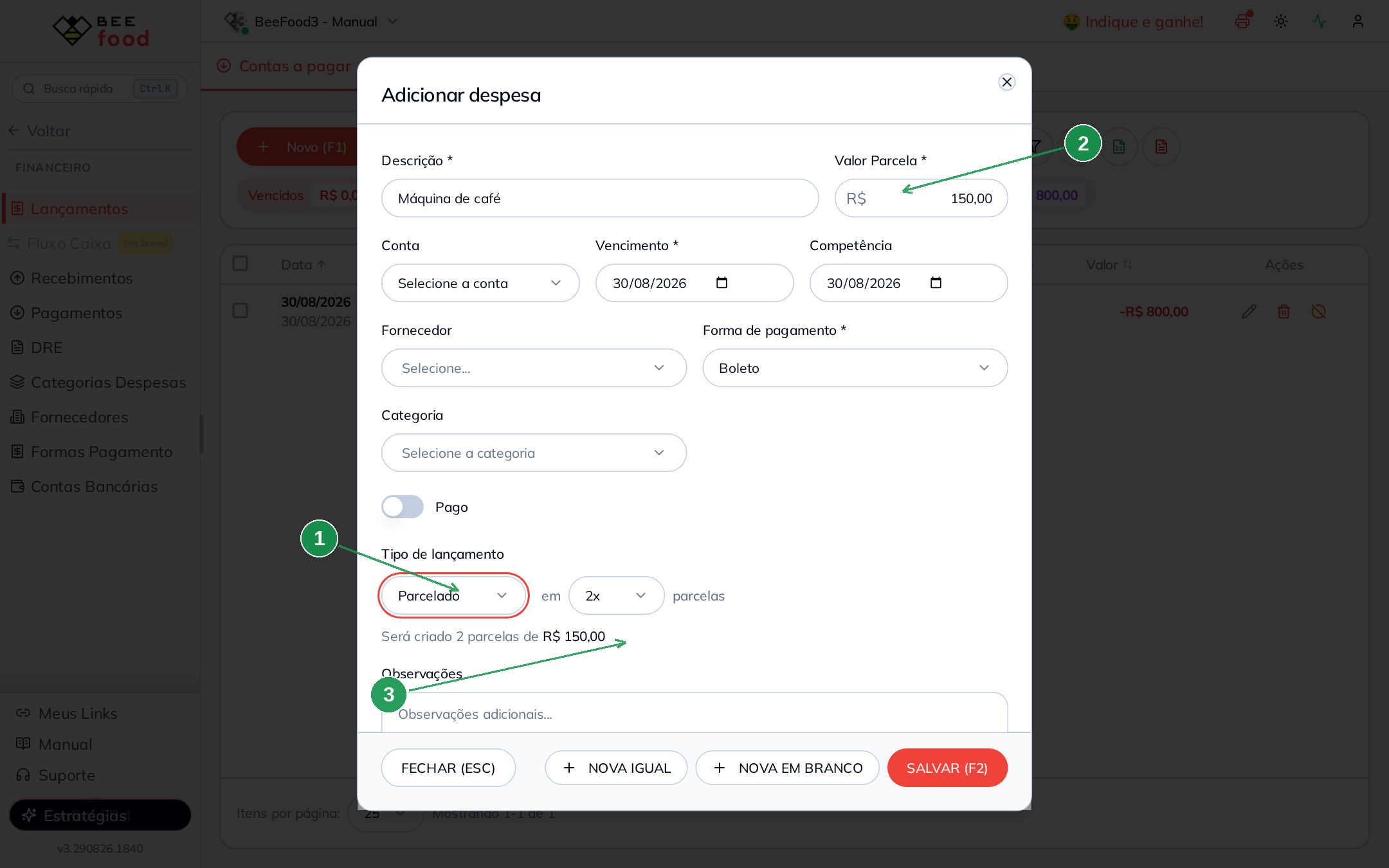 Modal de despesa parcelada em 2 vezes de R$ 150