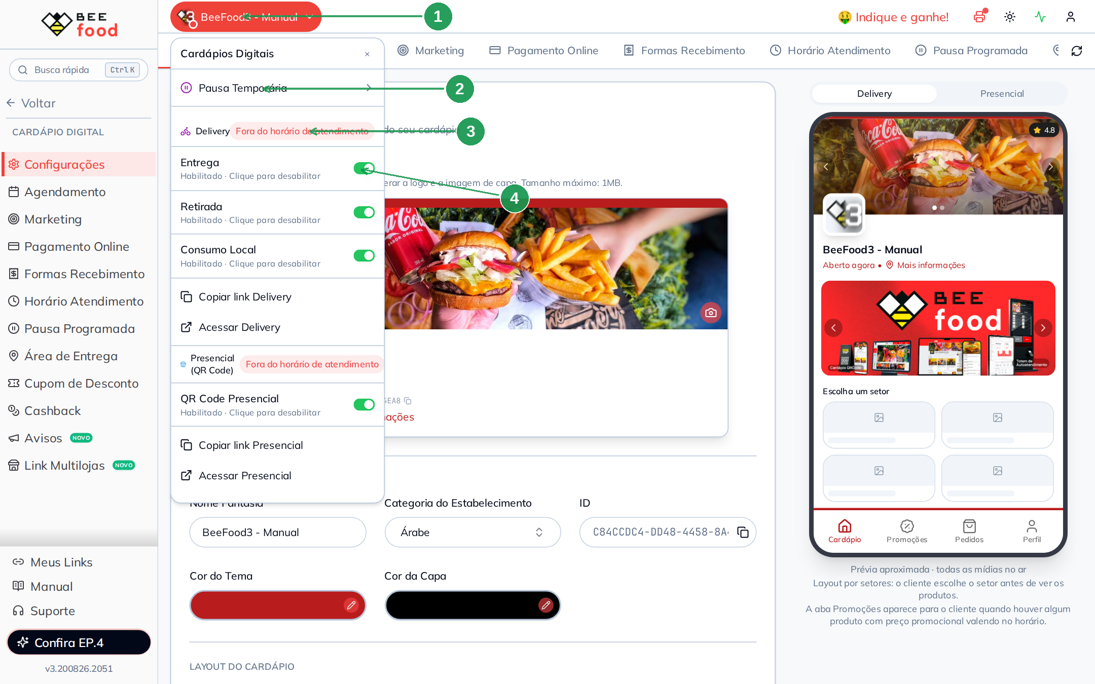 Menu do cardápio no topo do painel com opções de pausa e switches de canal