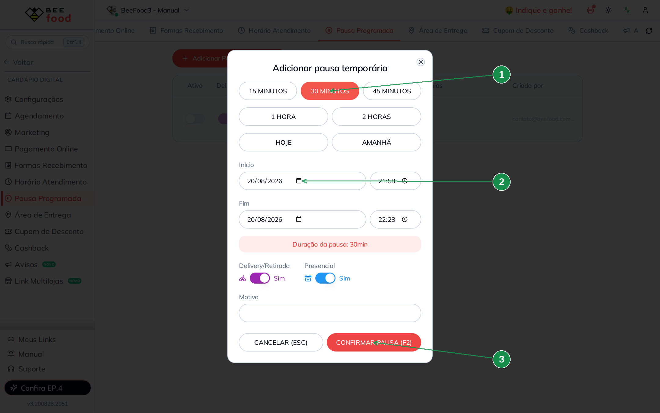Modal de pausa preenchido com o preset de 30 minutos e campos de início e fim automáticos