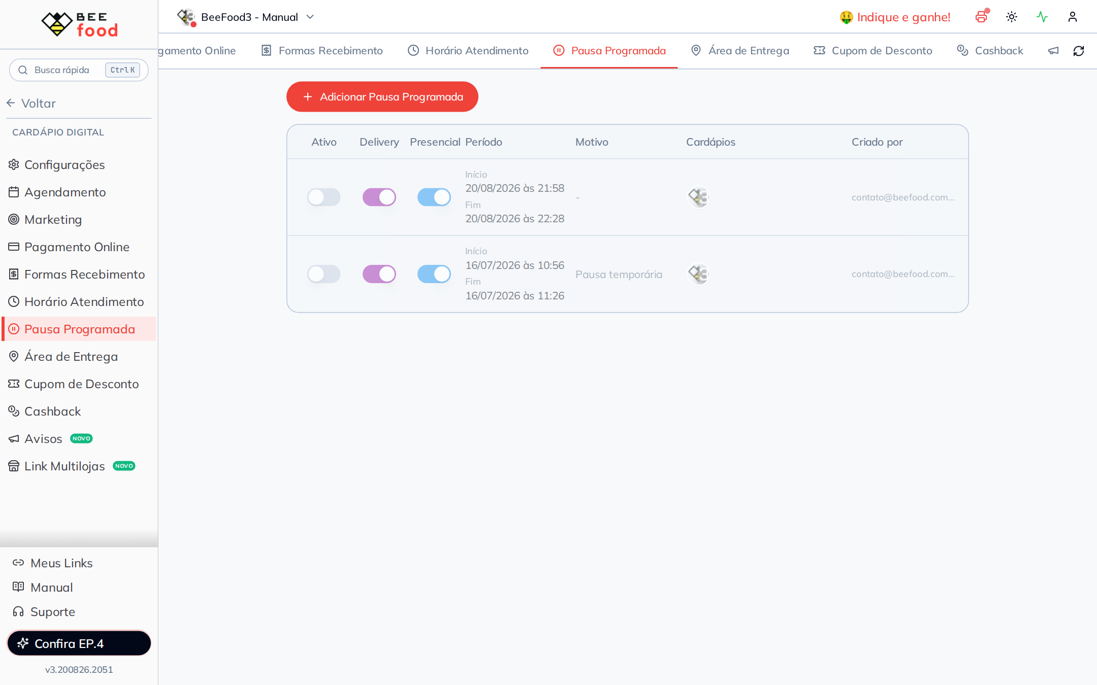 Pausa desativada com o switch Ativo desligado na lista de pausas programadas