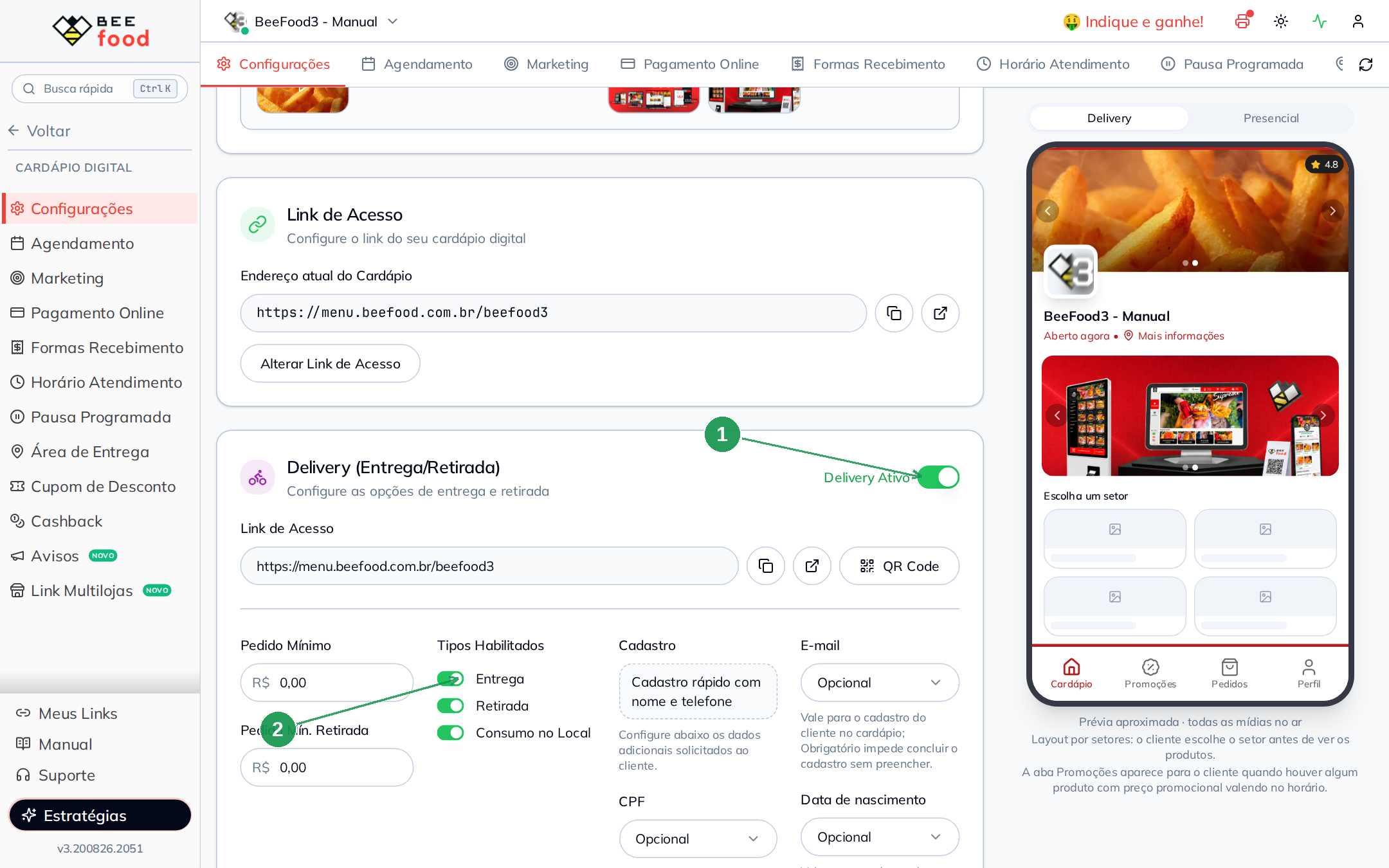 Configurações do cardápio digital com switches de Delivery Ativo e Entrega, Retirada e Consumo no Local