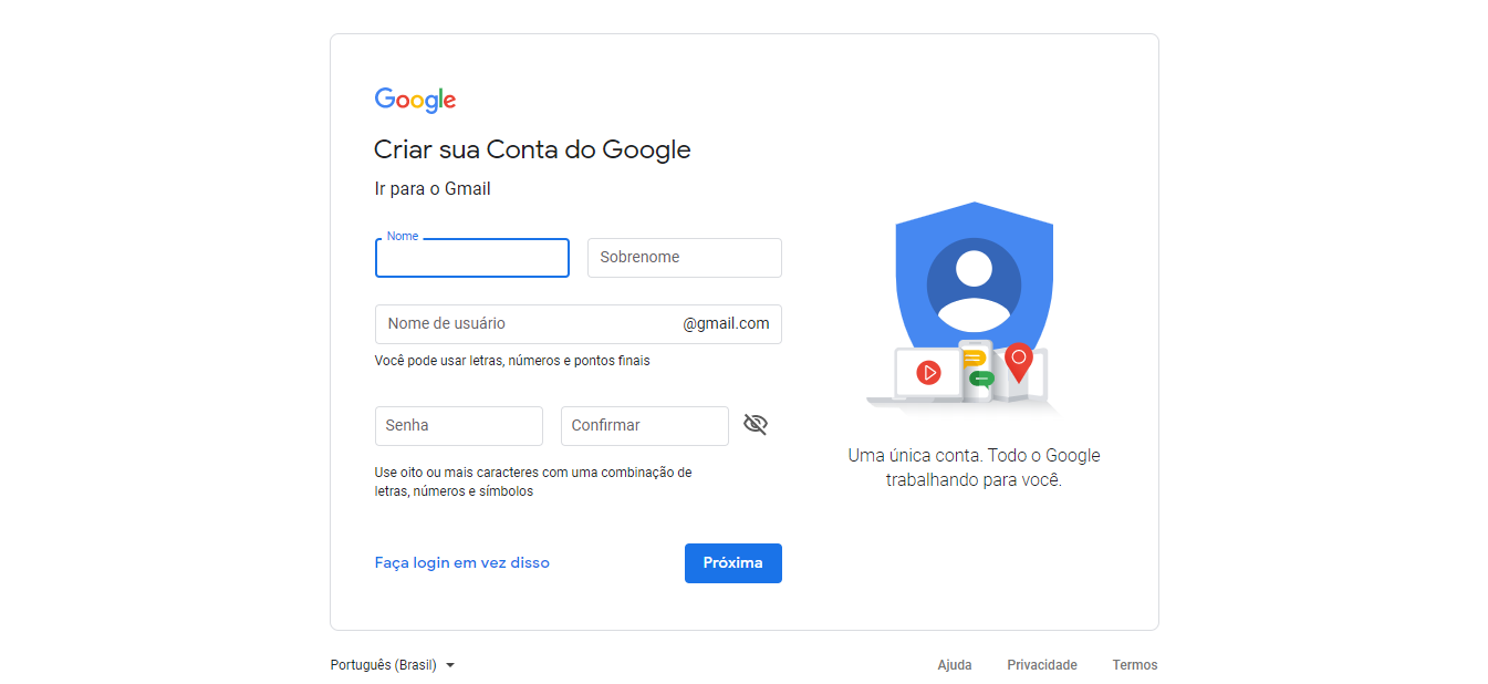 Tela de criação de conta Google