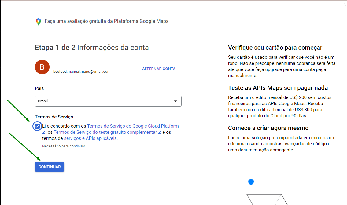 Tela de seleção de país no faturamento do Google