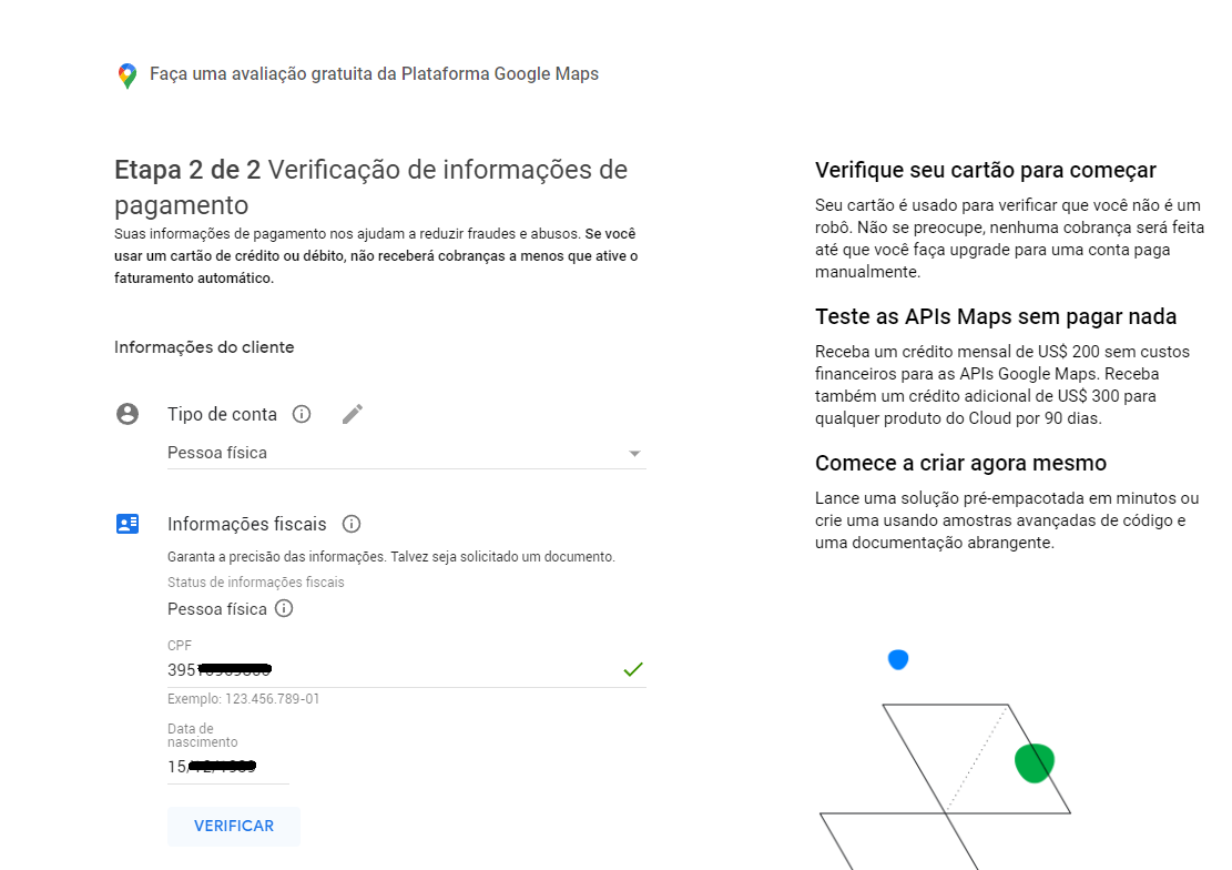 Tela de preenchimento de dados pessoais no faturamento do Google