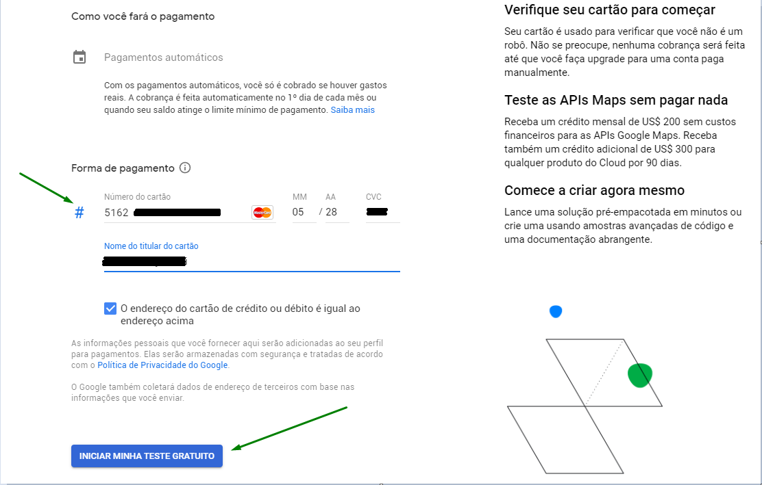 Tela de cadastro do cartão de crédito no faturamento do Google