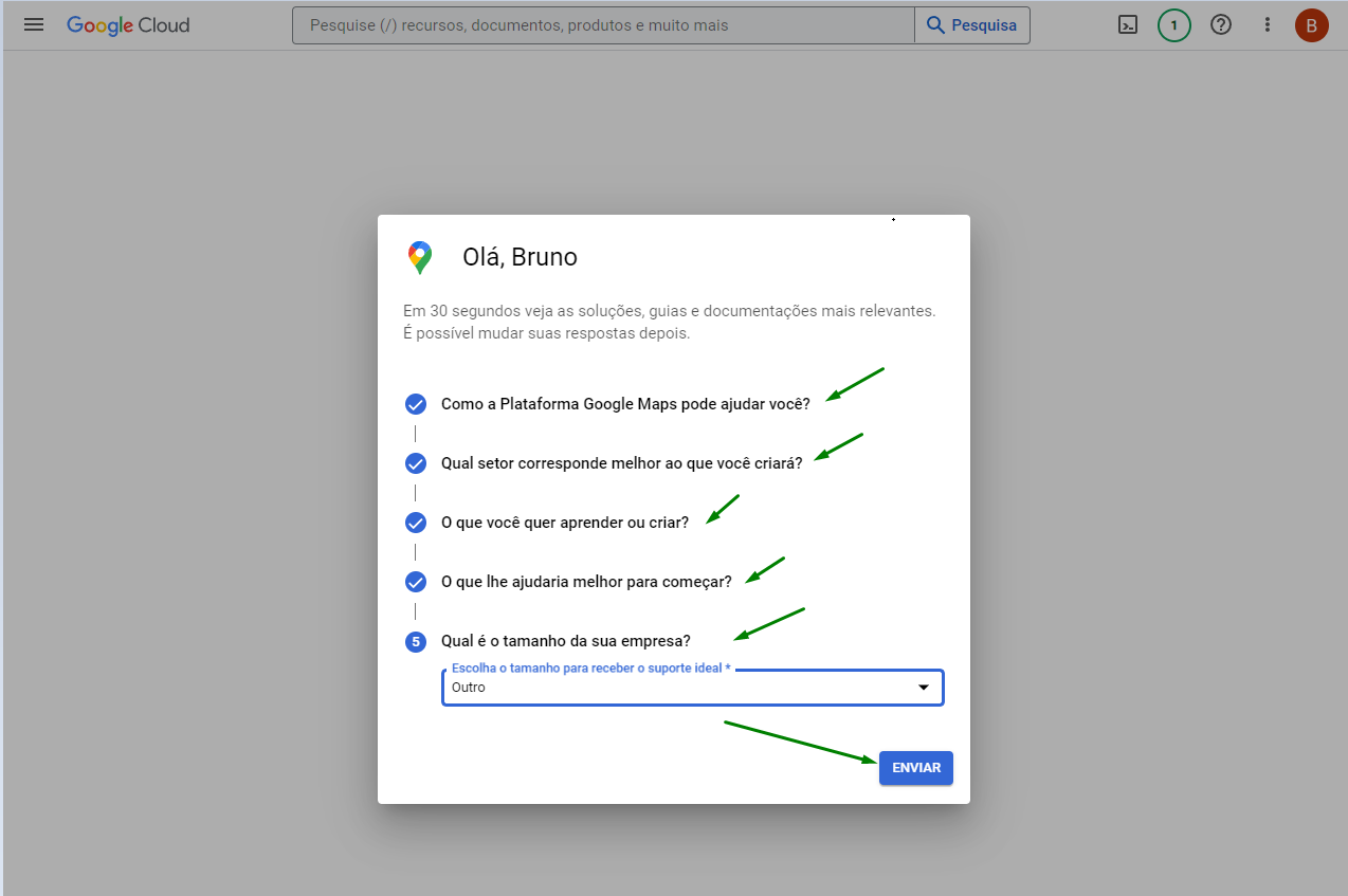 Tela de continuação da configuração de faturamento no Google